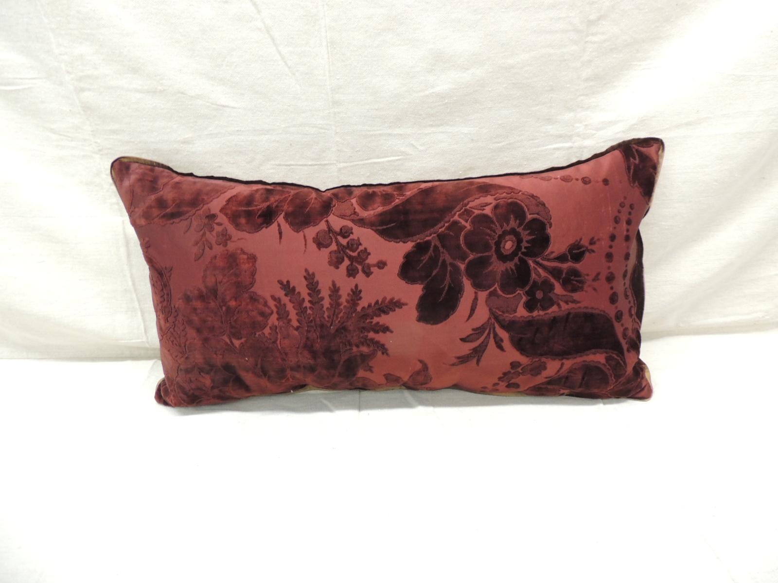 Antique burgundy floral silk velvet long Bolster decorative pillow.
Gaufrage velvet bolster with golden silk ATG custom trim and golden silk backing.
Decorative pillow handcrafted and designed in the USA. 
Closure by stitch (no zipper closure)