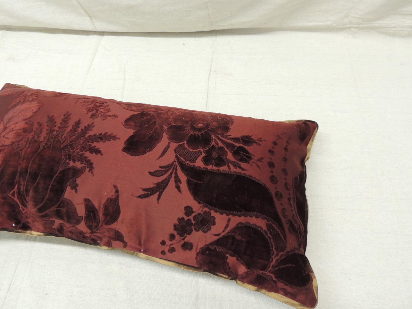 French Antique Burgundy Floral Silk Velvet Long Bolster Decorative Pillow