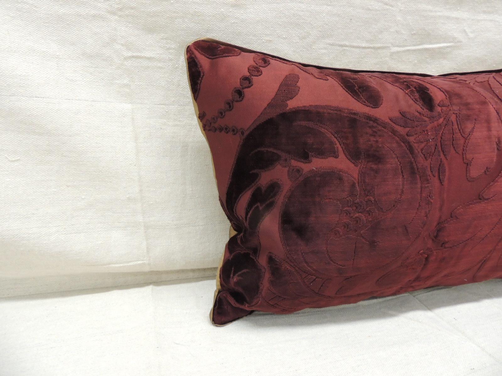 Antique Burgundy floral silk velvet lumbar decorative pillow.
Gaufrage velvet bolster with golden silk ATG custom trim and golden silk backing.
Decorative pillow handcrafted and designed in the USA.
Closure by stitch (no zipper closure) with