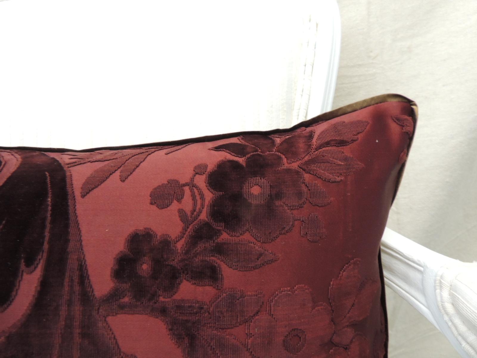 18th Century and Earlier Antique Burgundy Floral Silk Velvet Lumbar Decorative Pillow