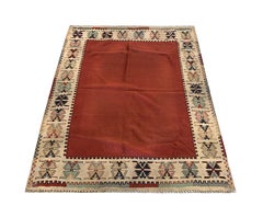 Antique Burgundy Kilim Rug, 1900s Wool Flatweave Tribal Carpet 161x143 cm