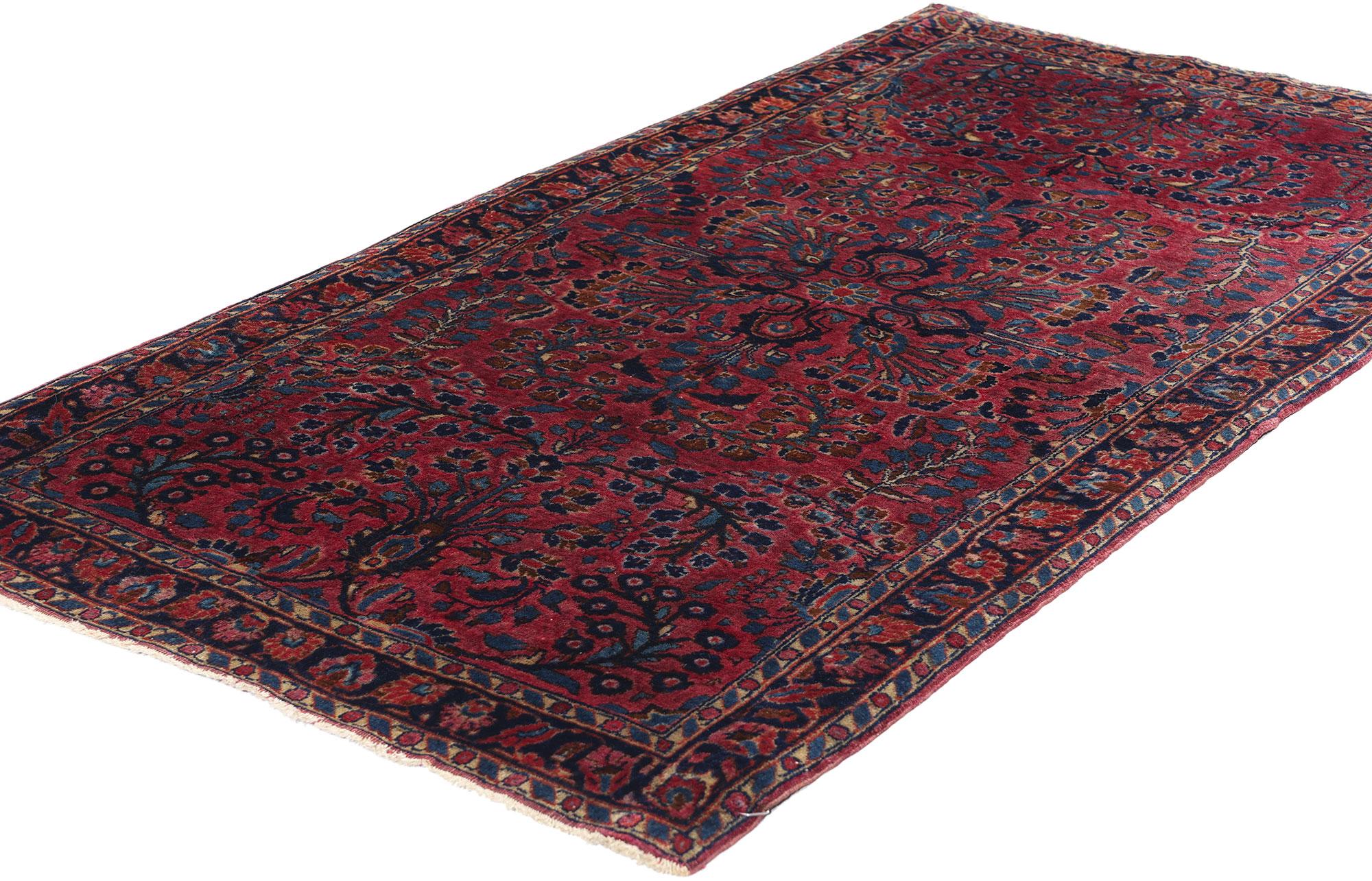 79012 Antique Persian Sarouk Rug, 02'07 x 04'10. This hand-knotted wool antique Persian Sarouk rug is a mesmerizing display of the rich artistry and enduring craftsmanship that defines the Sarouk weaving tradition. Originating from the famed Sarouk