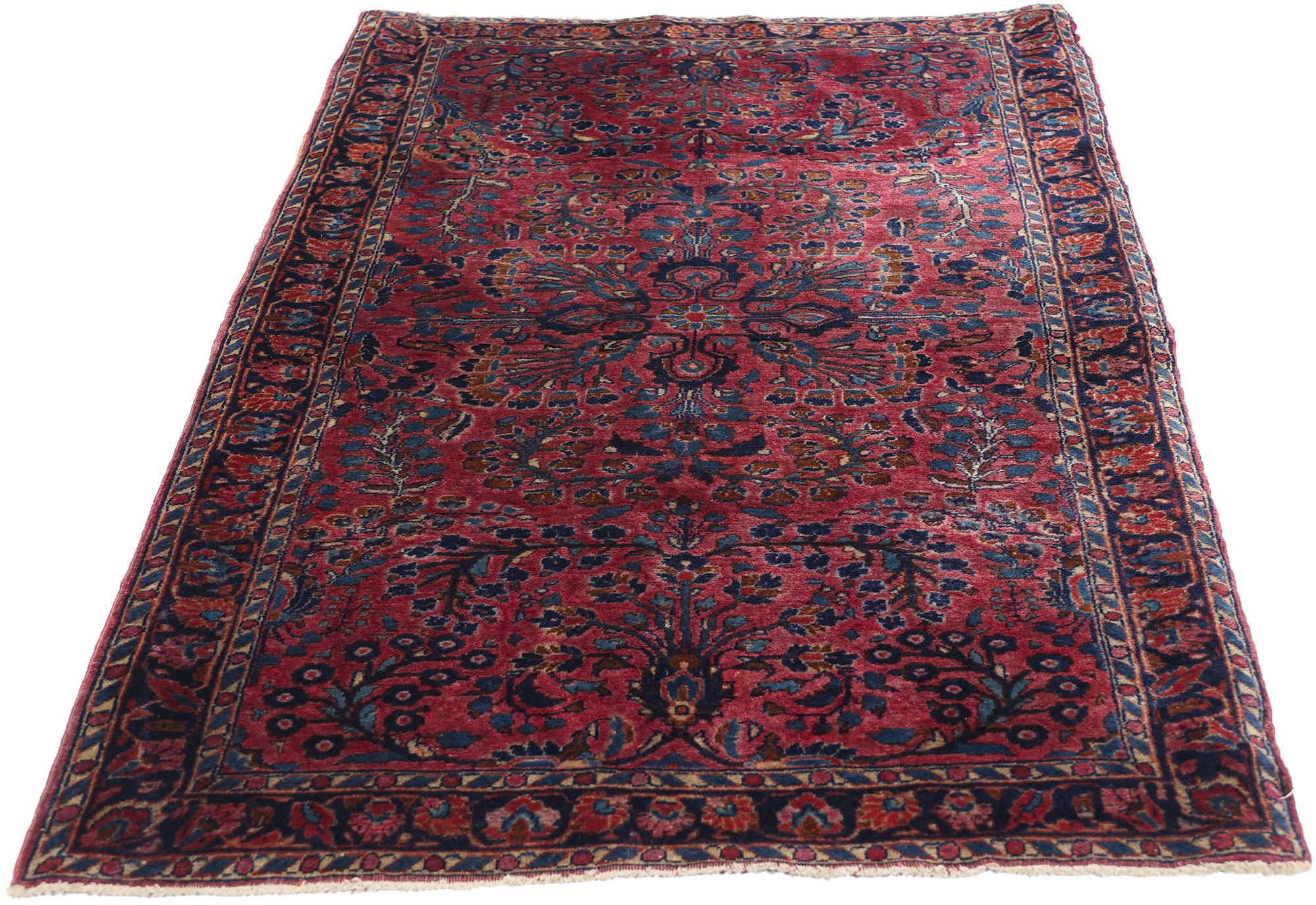 Colonial Revival Antique Burgundy Persian Floral Sarouk Carpet with Traditional Style For Sale