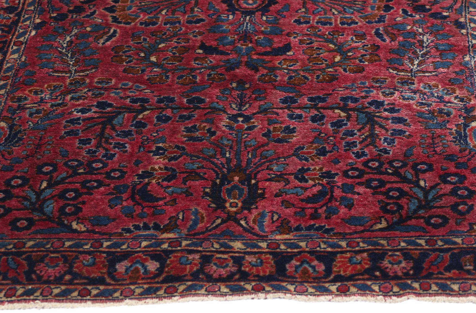Hand-Knotted Antique Burgundy Persian Floral Sarouk Carpet with Traditional Style For Sale