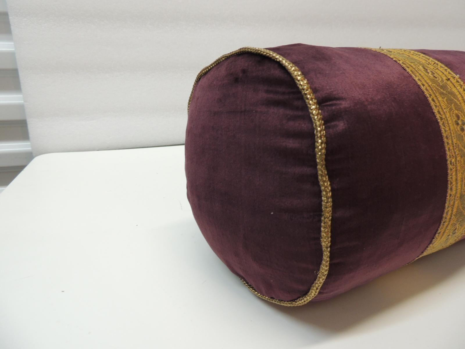 Regency Antique Burgundy Silk Velvet Round Bolster Handmade Pillow with Metallic Trims