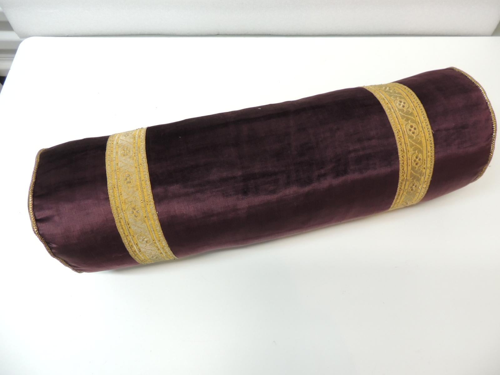 French Antique Burgundy Silk Velvet Round Bolster Handmade Pillow with Metallic Trims