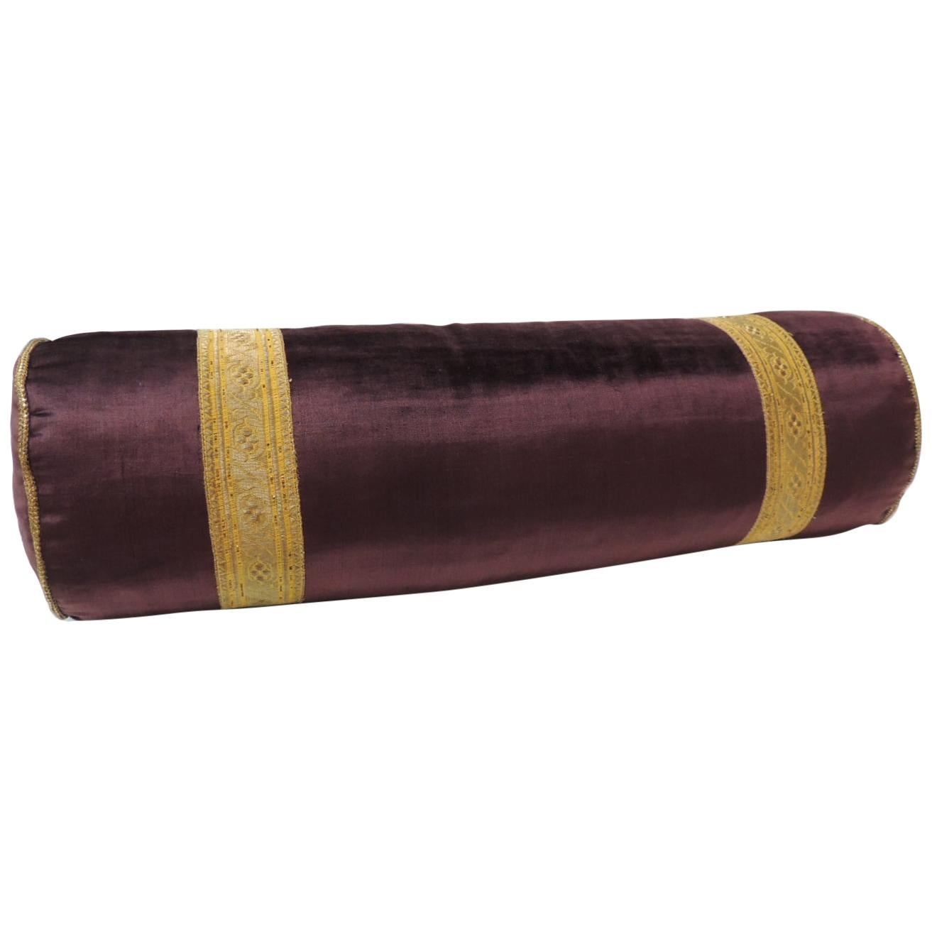 Antique French Toile Decorative Bolster Pillow with Grain Sack Trim at