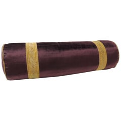 Antique Burgundy Silk Velvet Round Bolster Handmade Pillow with Metallic Trims