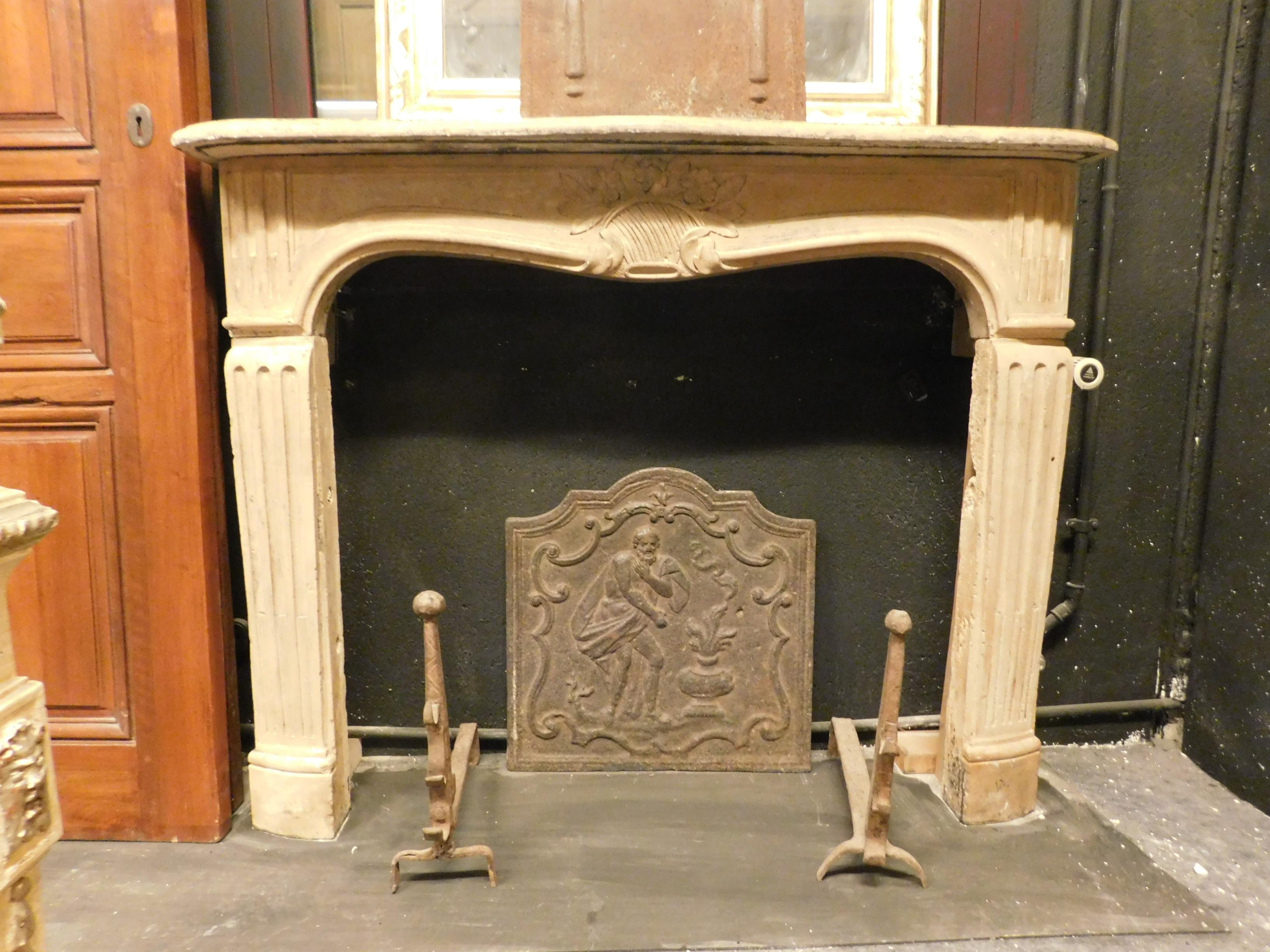 Hand-Carved Antique Burgundy Stone Mantel Fireplace, 18th Century France For Sale