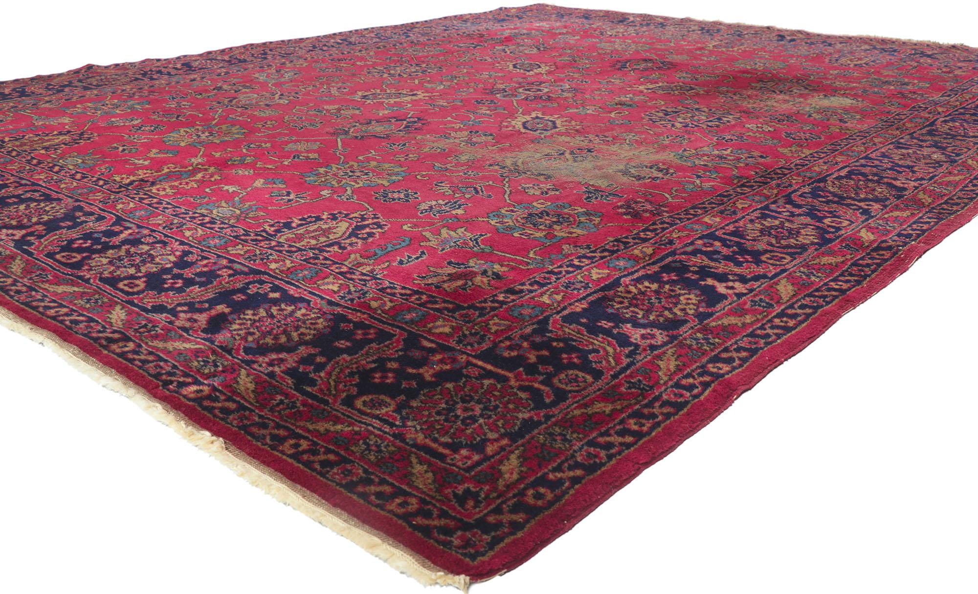 78132 Distressed Antique Turkish Sparta Rug, 08'10 x 11'07. Step into the woven narrative of history with our hand-knotted wool distressed antique Turkish Sparta rug—a tribute to the opulent legacy of Anatolian weaving traditions. This weathered