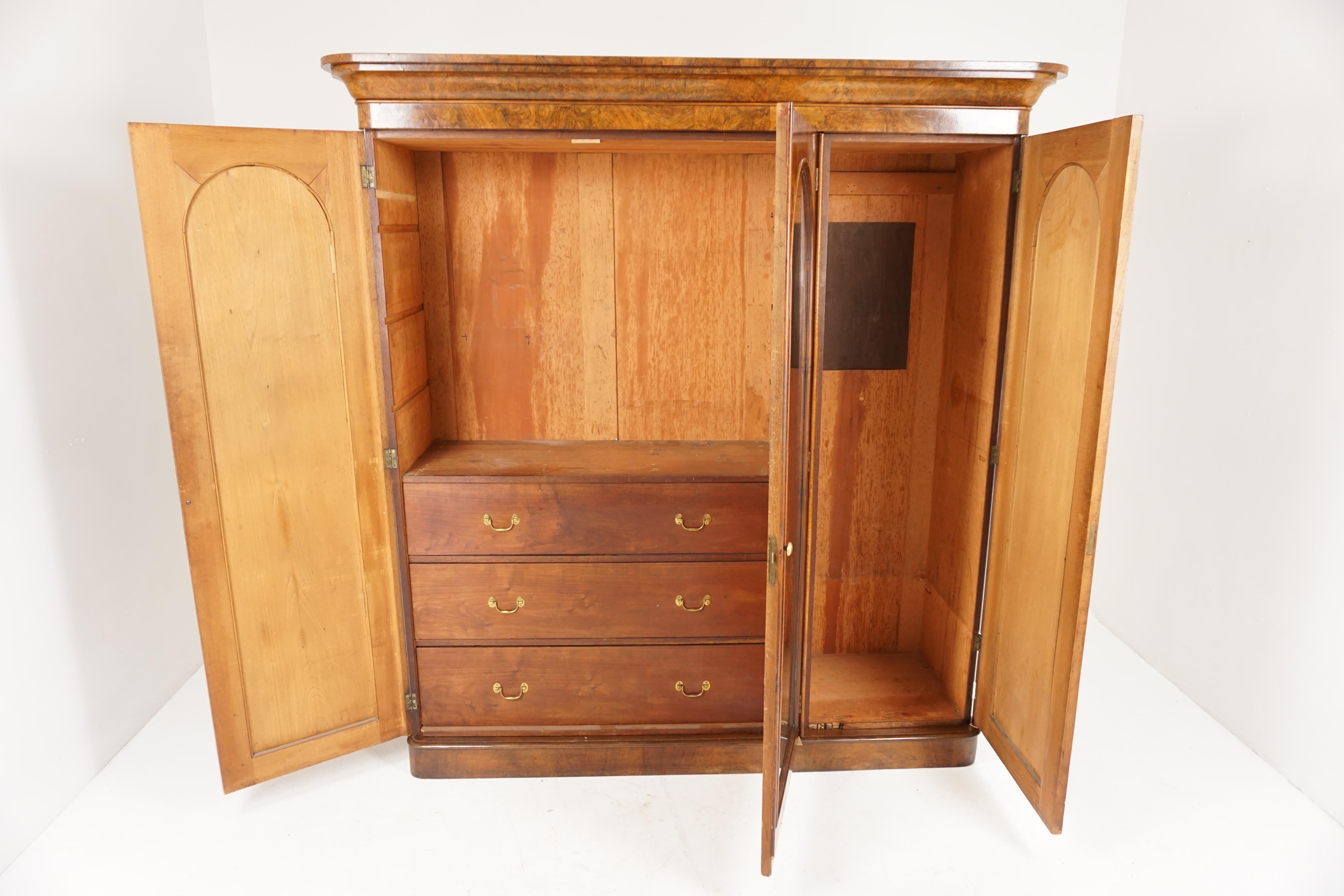 Antique Victorian burl walnut, 3-door Compactum, armoire, wardrobe, dresser, closet, Scotland, 1880

Scotland, 1880
Constructed with wonderful figured walnut
Original finish
Flared shaped cornice above
Full length arched mirrored door with brass
