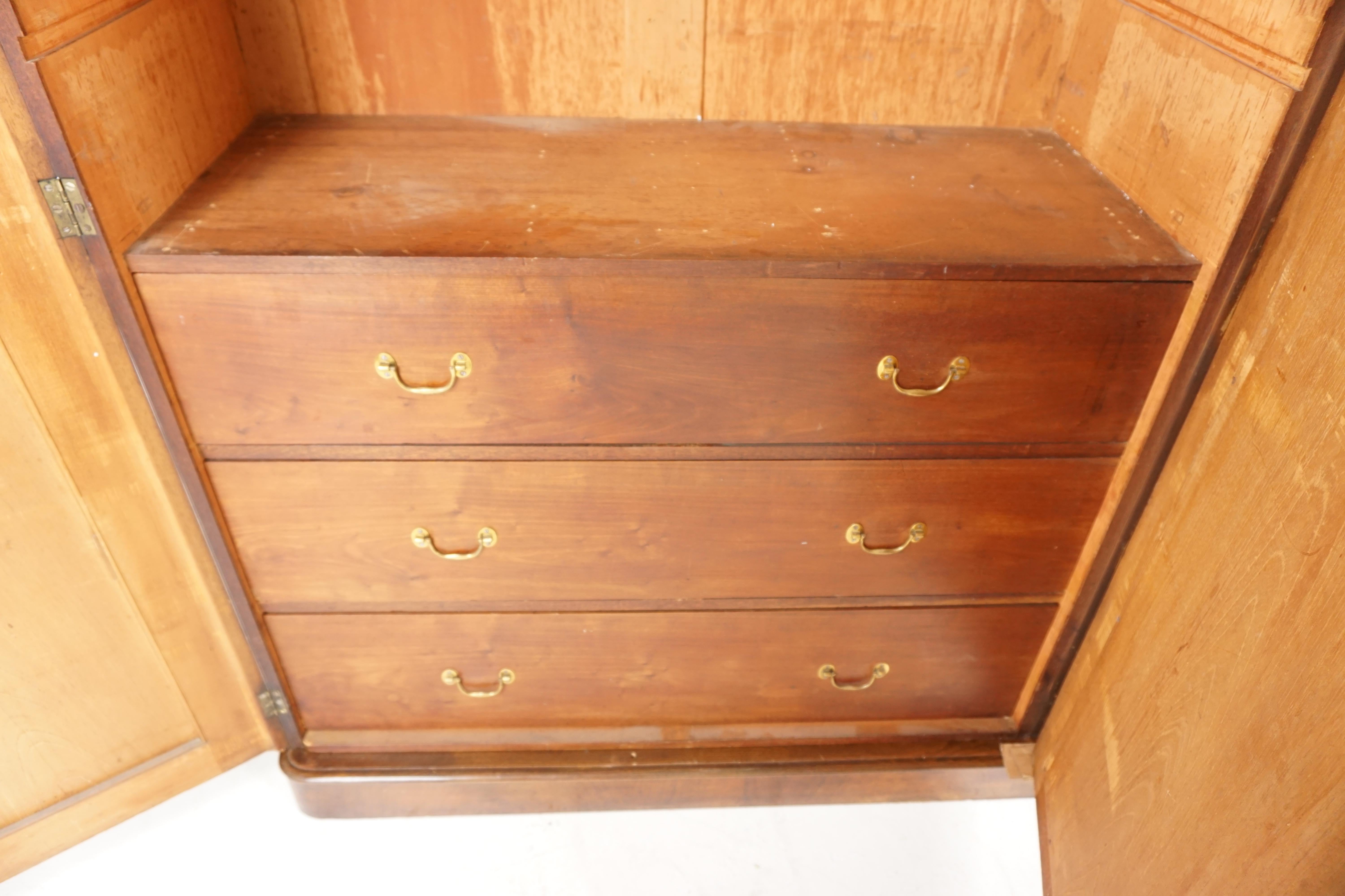 Victorian Antique Burl Walnut, 3-Door Compactum, Armoire, Wardrobe, Dresser, Scotland 1880