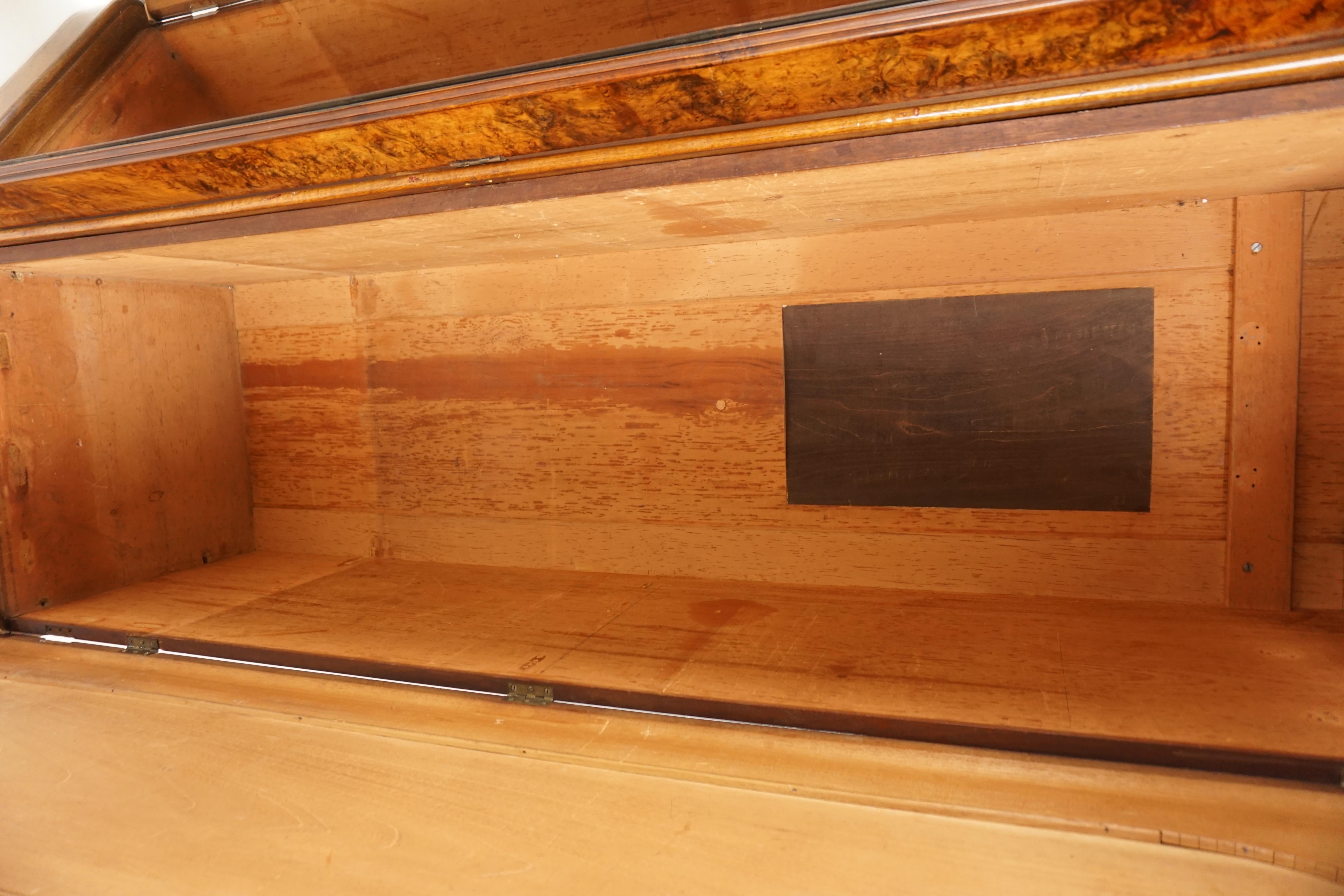 Antique Burl Walnut, 3-Door Compactum, Armoire, Wardrobe, Dresser, Scotland 1880 In Good Condition In Vancouver, BC