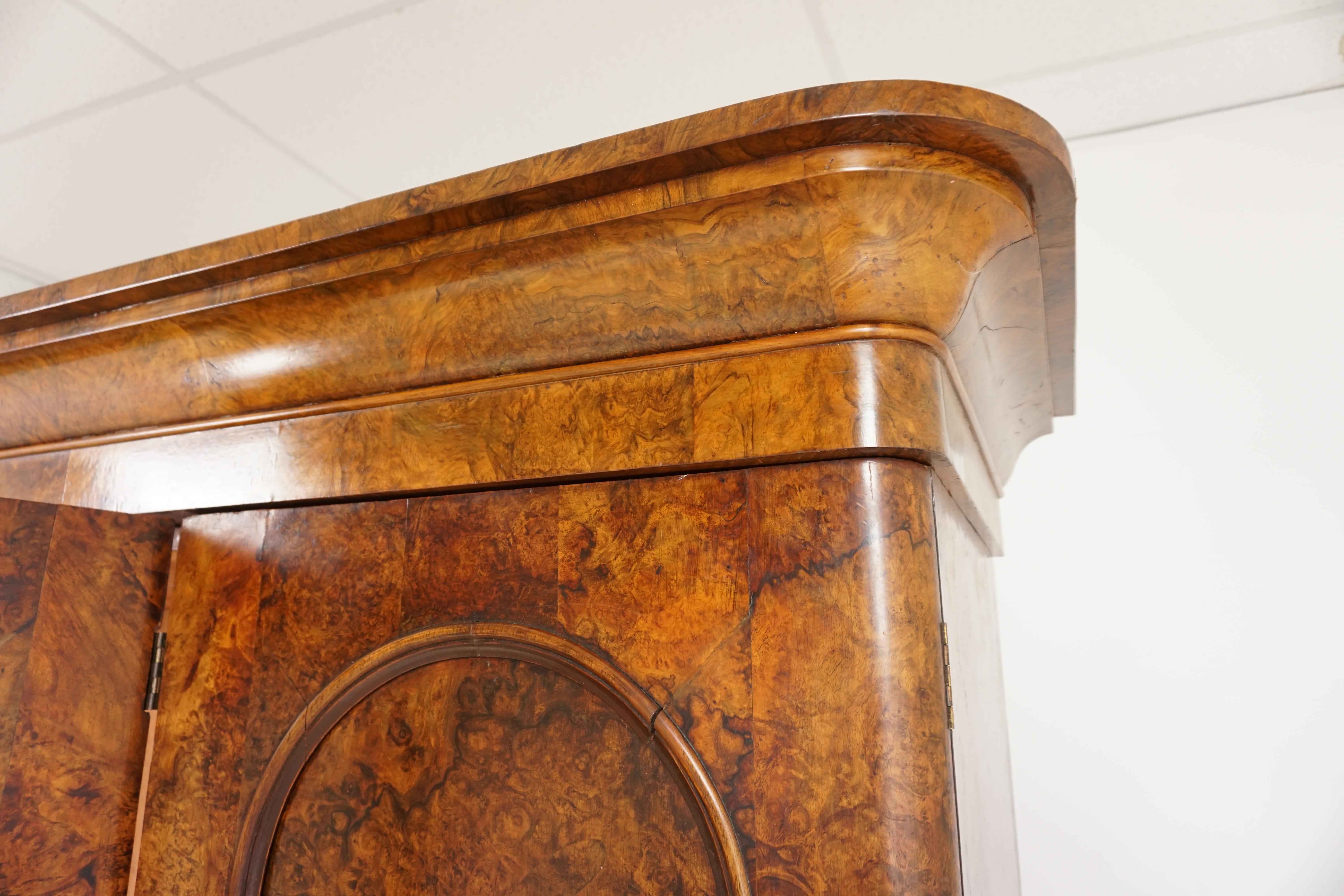 Late 19th Century Antique Burl Walnut, 3-Door Compactum, Armoire, Wardrobe, Dresser, Scotland 1880