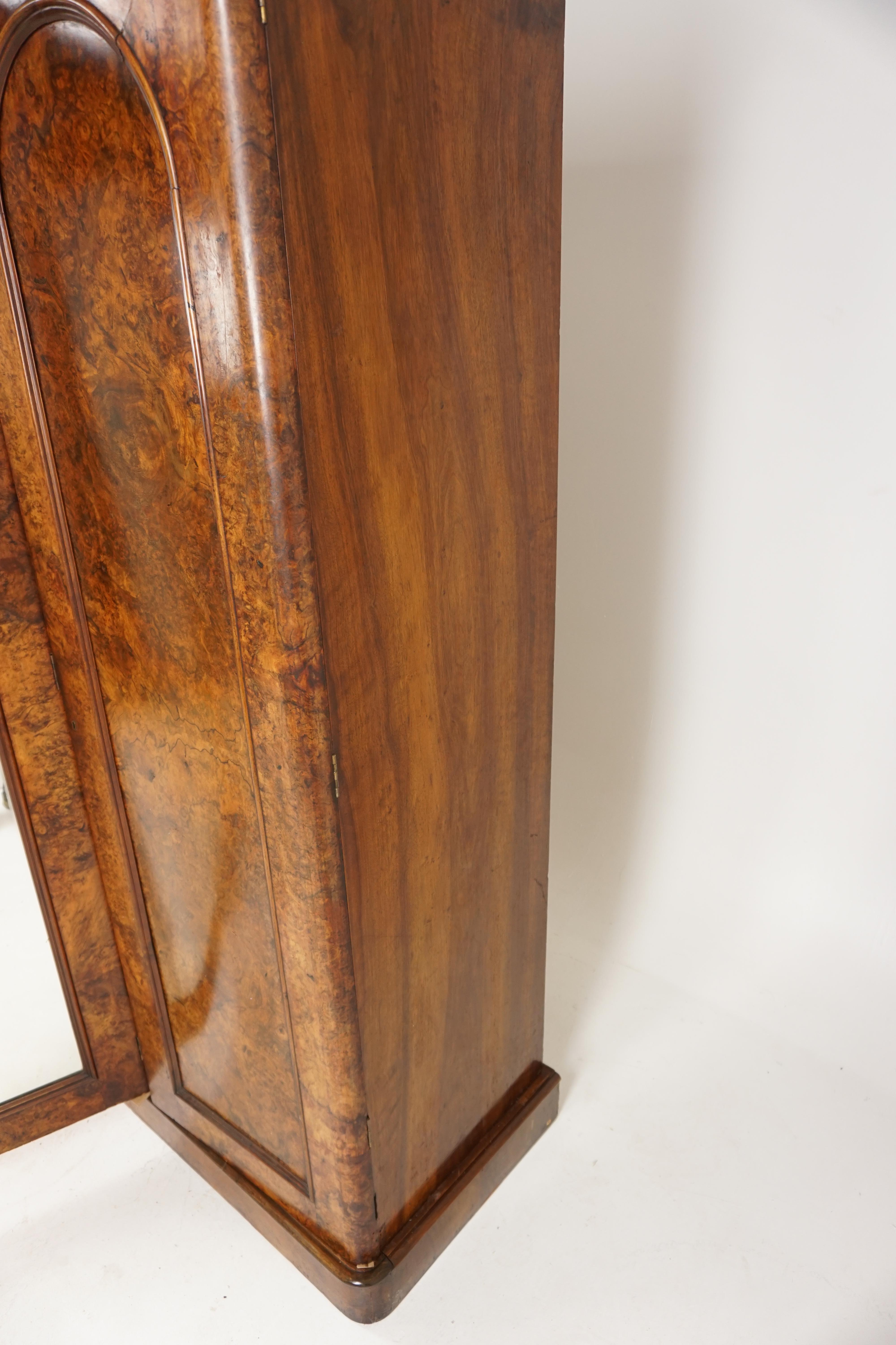 Antique Burl Walnut, 3-Door Compactum, Armoire, Wardrobe, Dresser, Scotland 1880 1