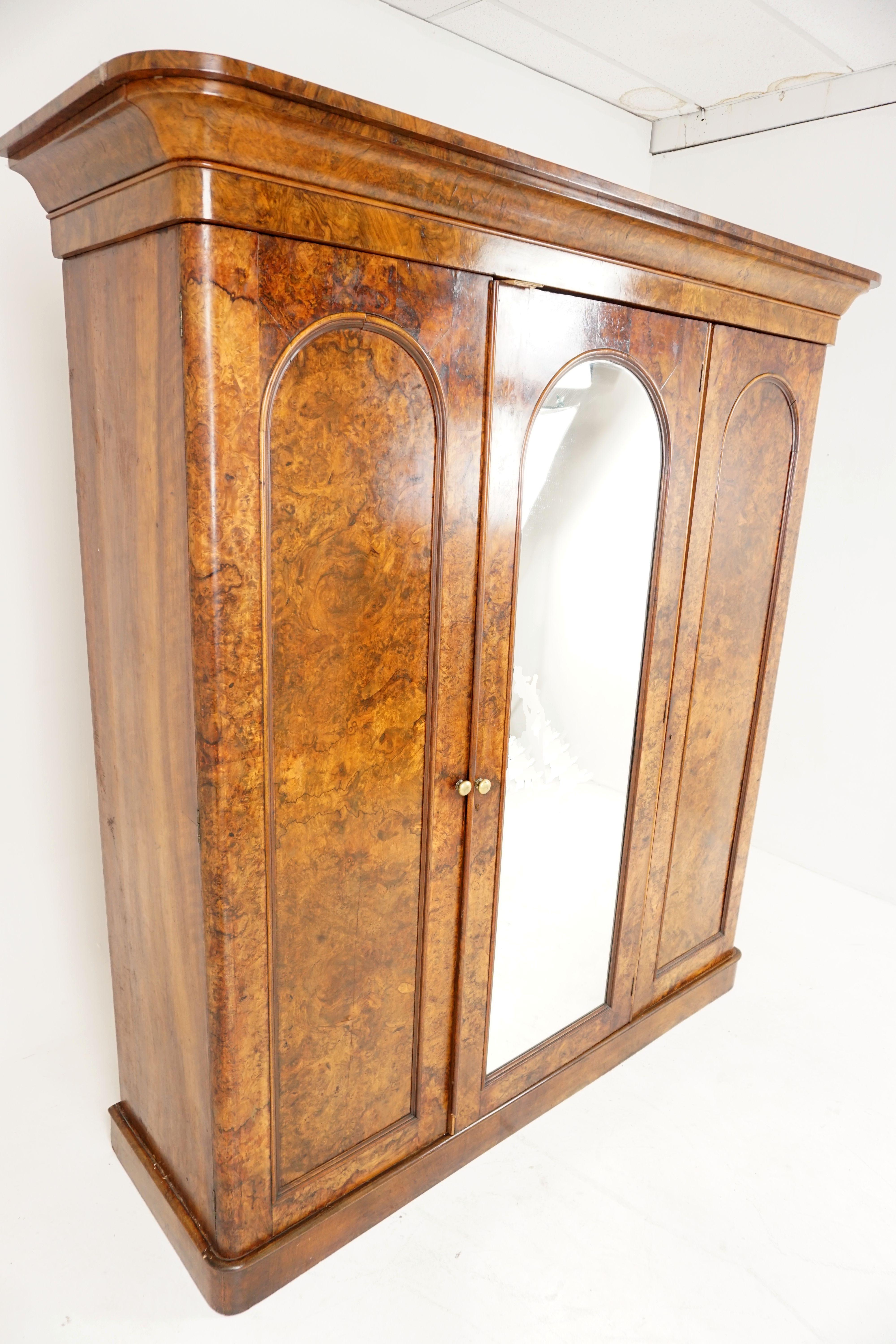 Antique Burl Walnut, 3-Door Compactum, Armoire, Wardrobe, Dresser, Scotland 1880 2