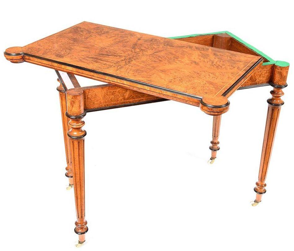 Antique Burl Walnut Ebony English Victorian Card Games Table Gillows Lancaster In Good Condition In Dublin, Ireland