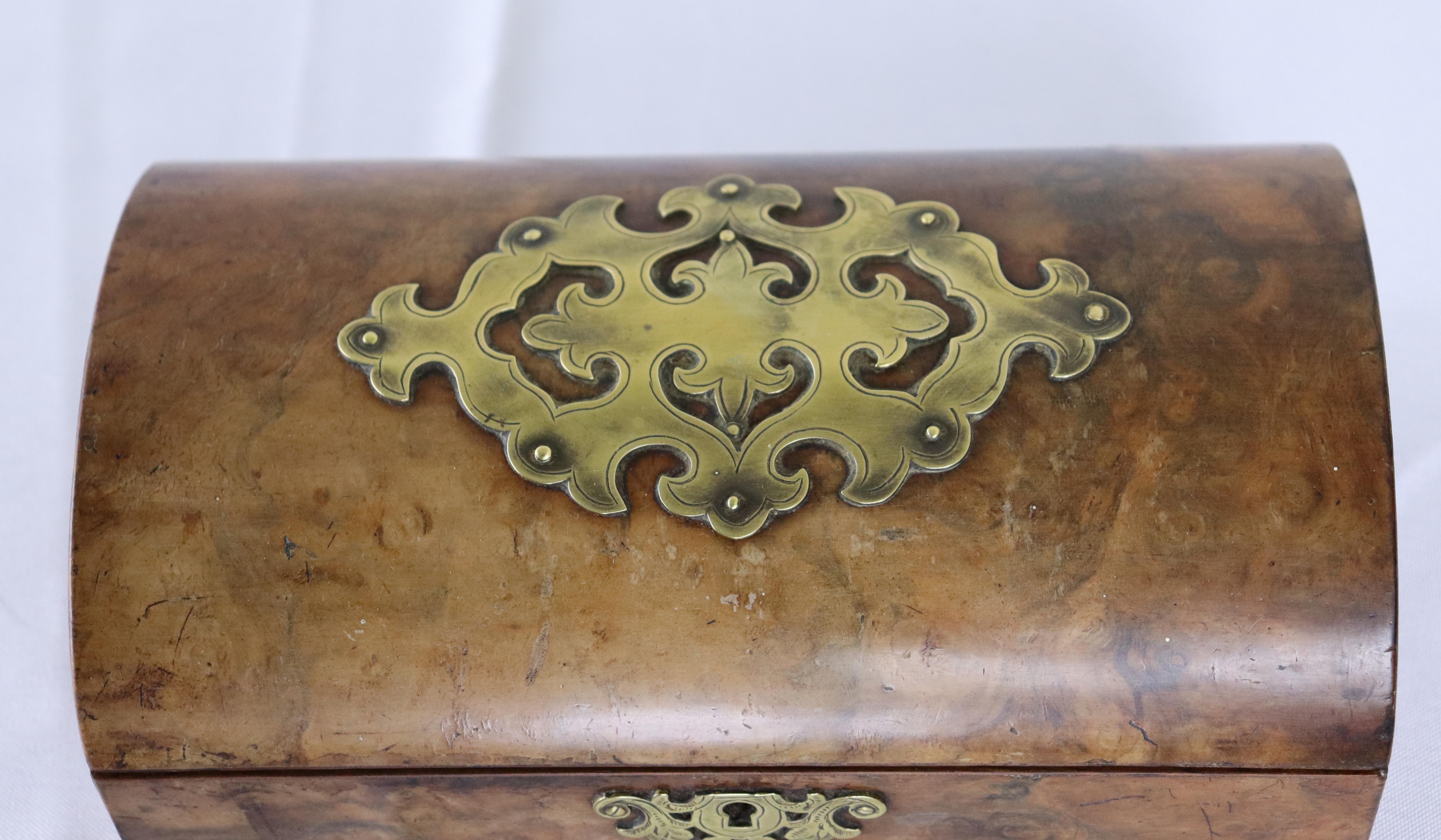 Antique Burr Walnut Jewelry Box, Brass Decoration For Sale 1