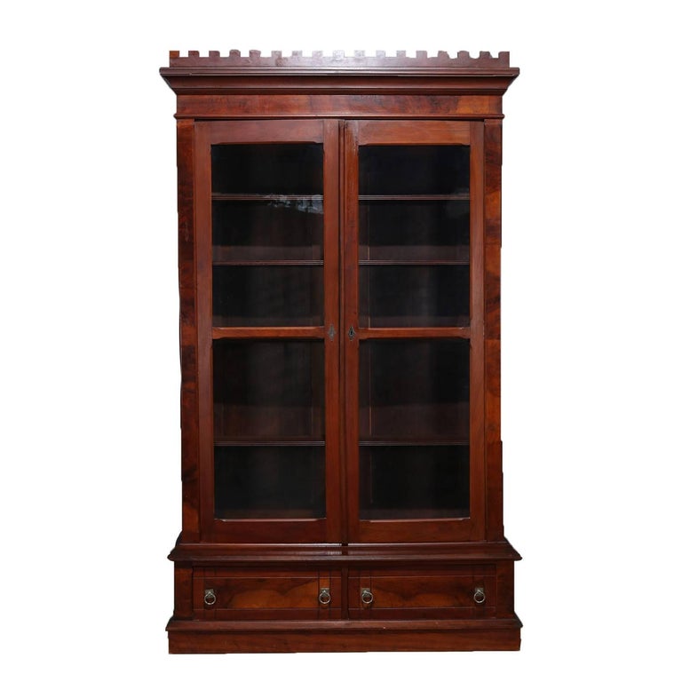 Antique Burl Walnut Step Back Enclosed, Enclosed Bookcase With Glass Doors