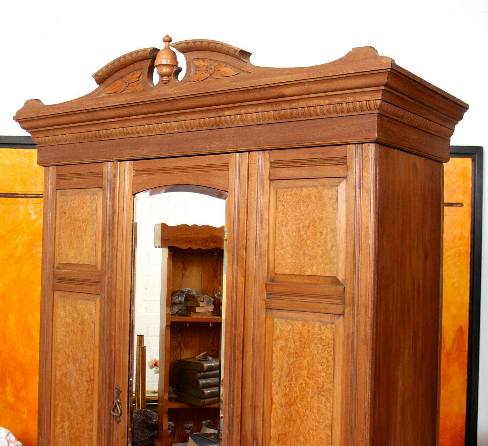 Antique Burl Walnut Wardrobe Mirrored Armoire, 19th Century For Sale 1