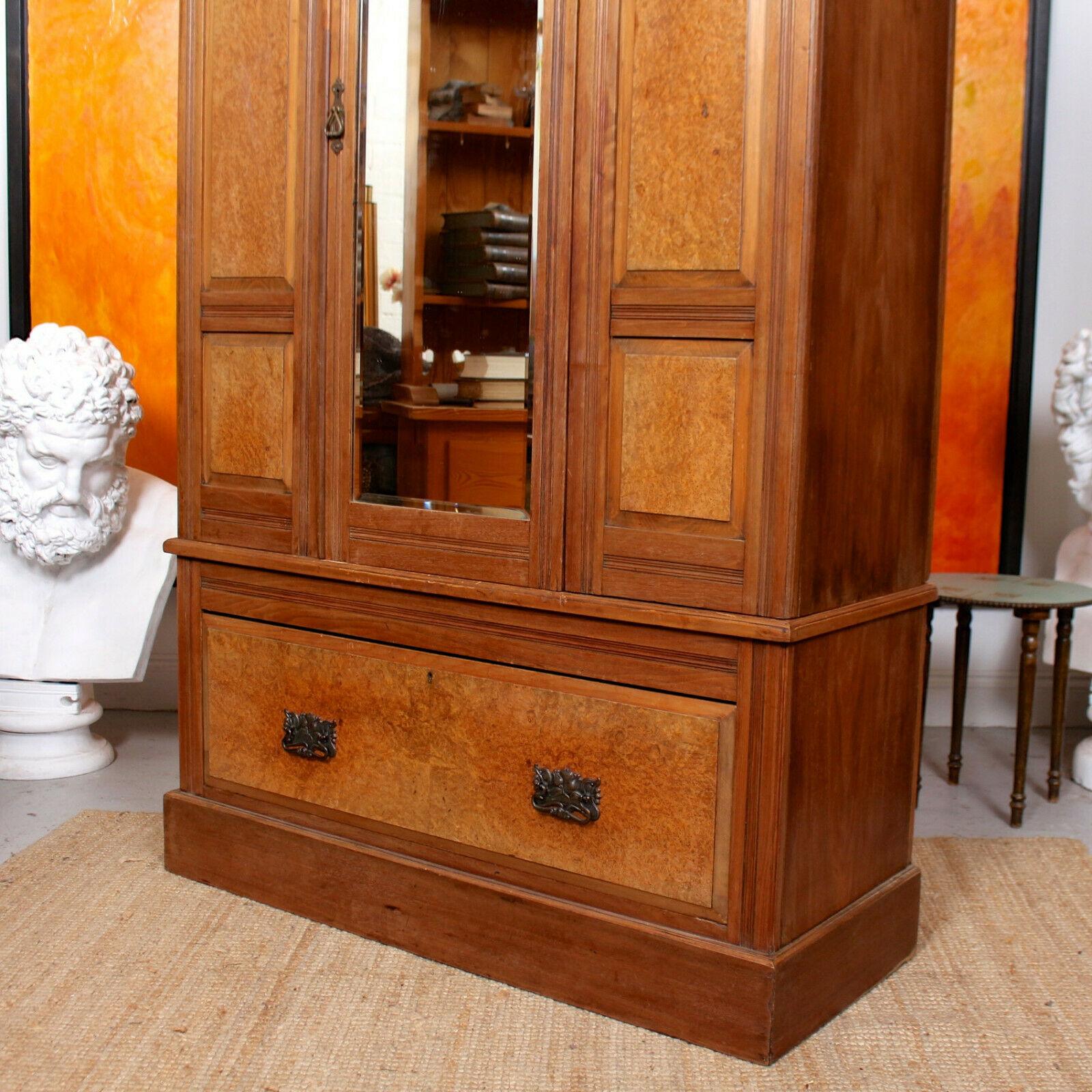 Antique Burl Walnut Wardrobe Mirrored Armoire, 19th Century For Sale 2