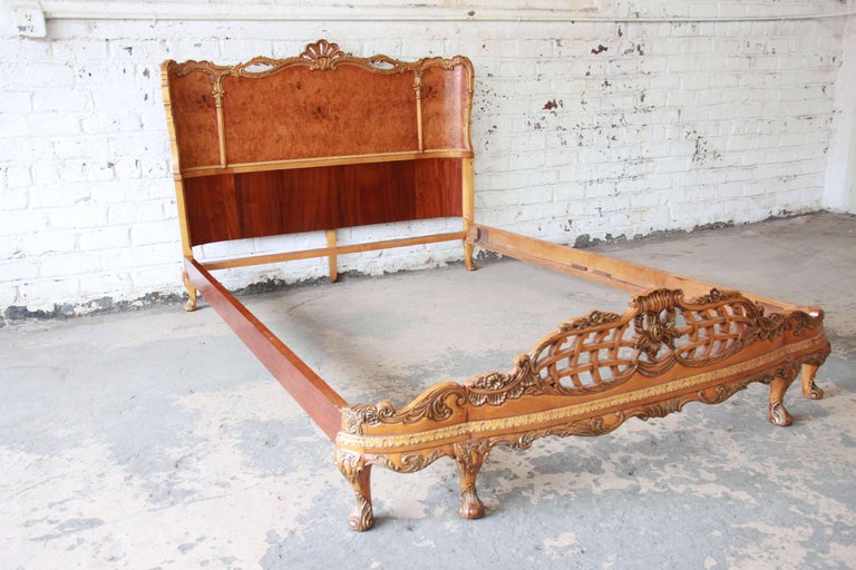 Antique Burled Maple French Carved Full Size Bed by Romweber at 1stDibs