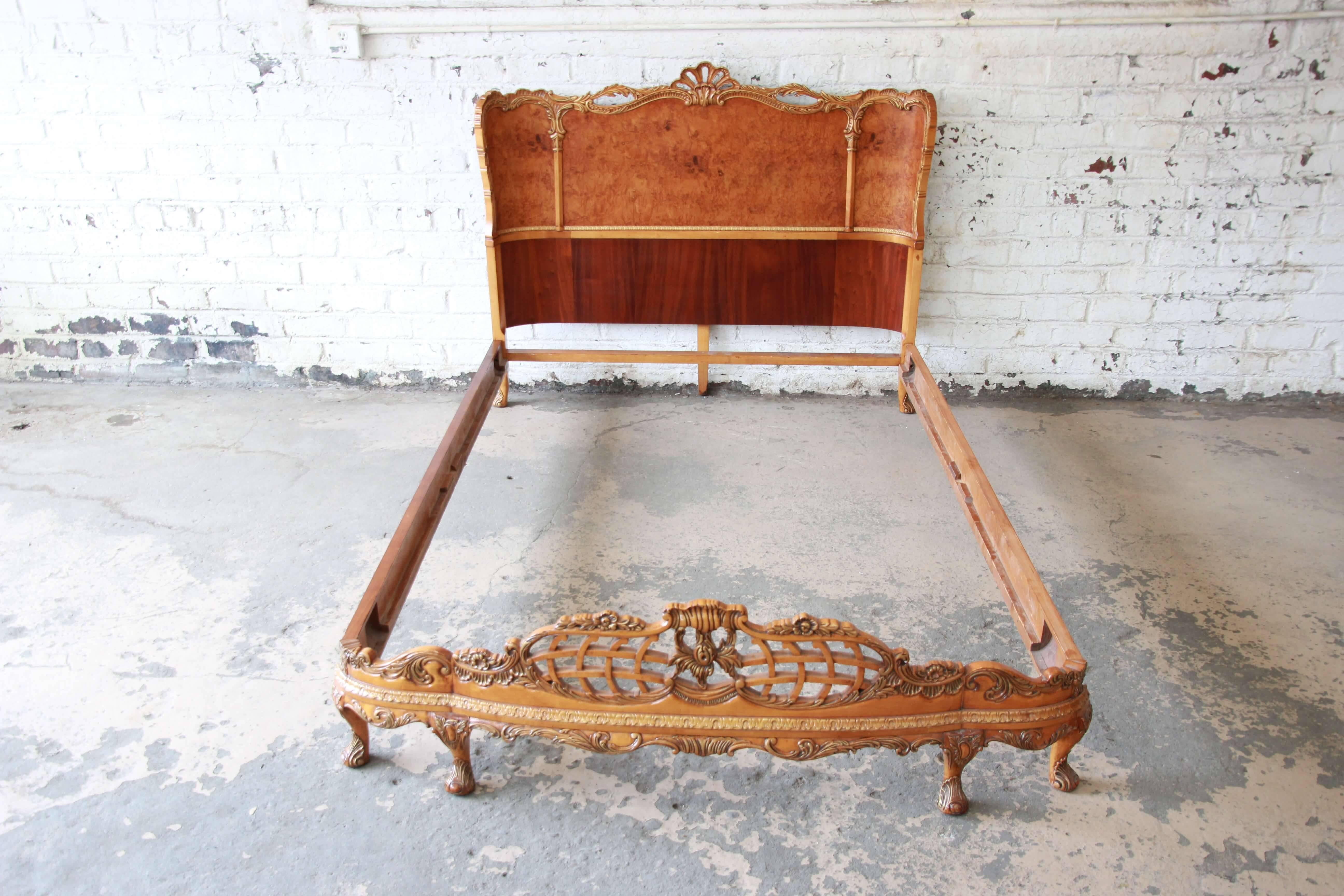 Louis XV Antique Burled Maple French Carved Full Size Bed by Romweber