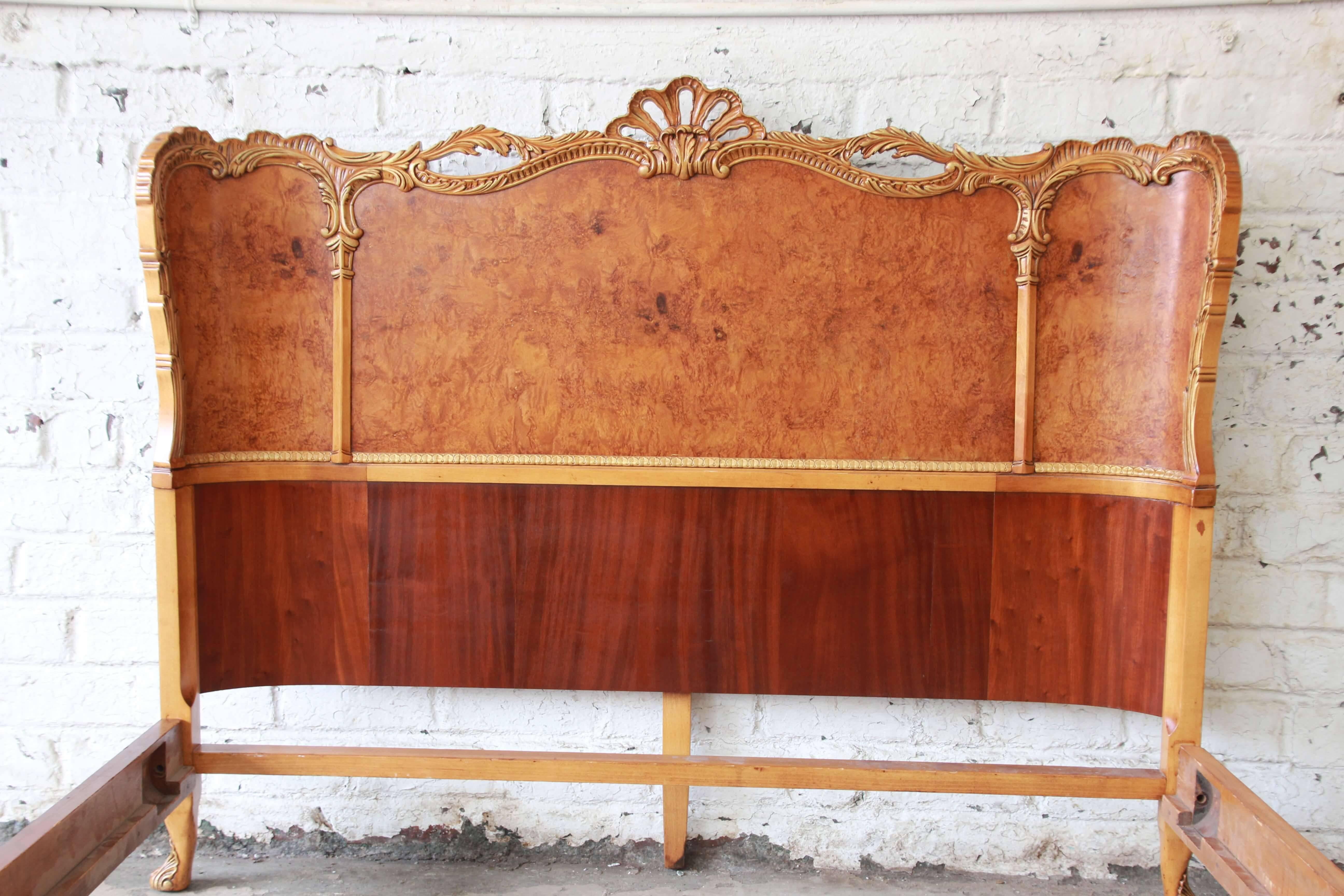 Early 20th Century Antique Burled Maple French Carved Full Size Bed by Romweber