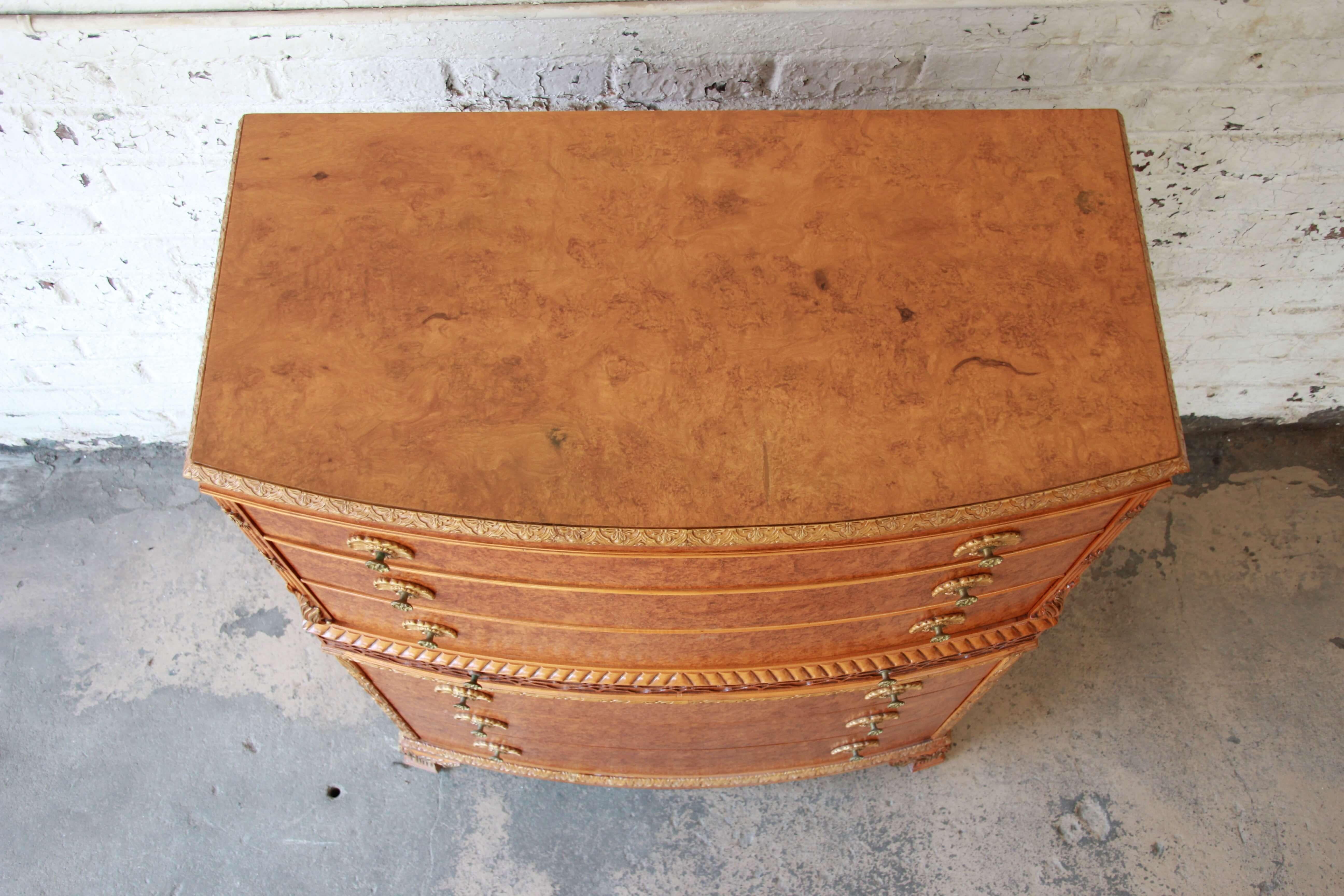 Antique Burled Maple French Carved Highboy Dresser by Romweber 4
