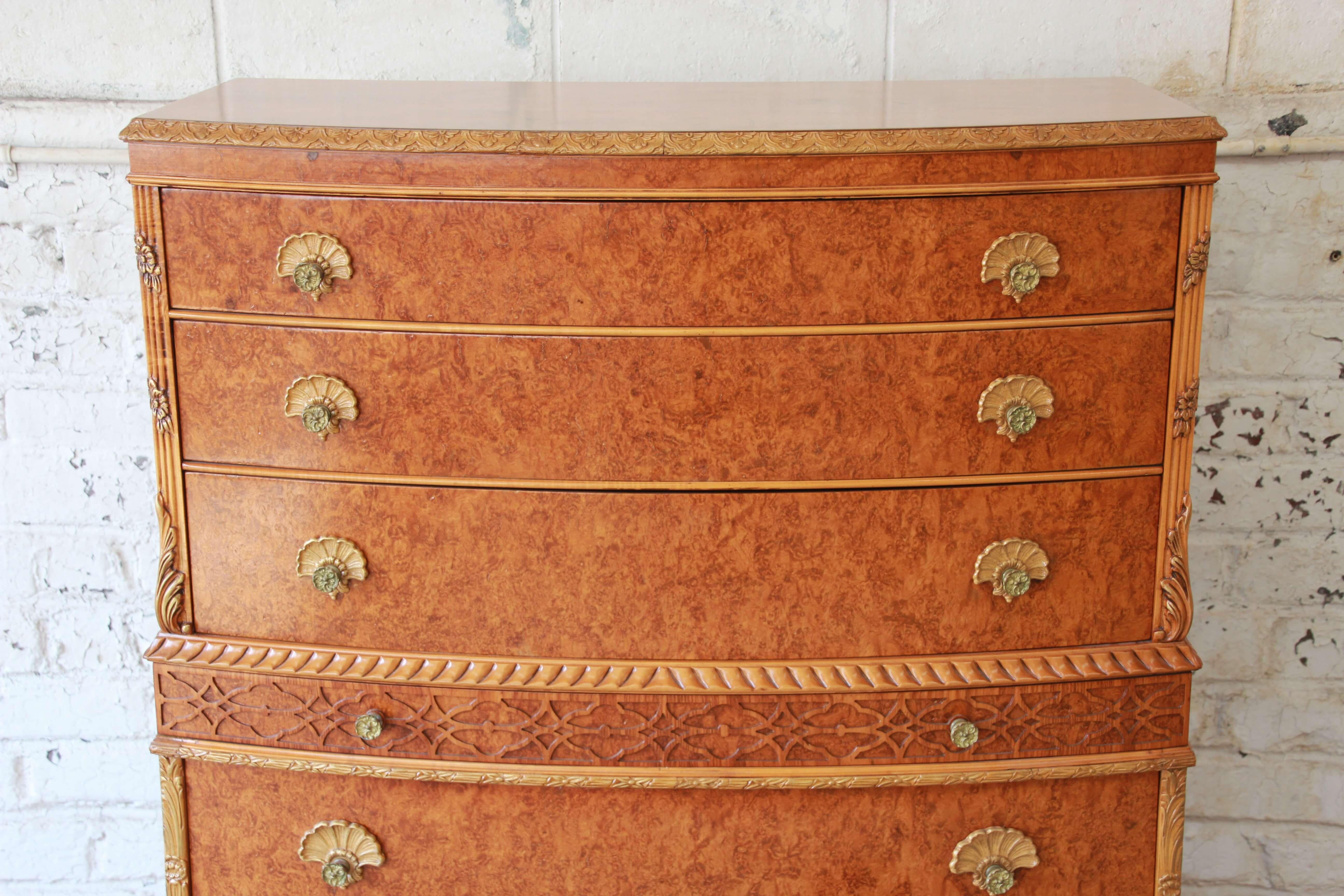 French Provincial Antique Burled Maple French Carved Highboy Dresser by Romweber