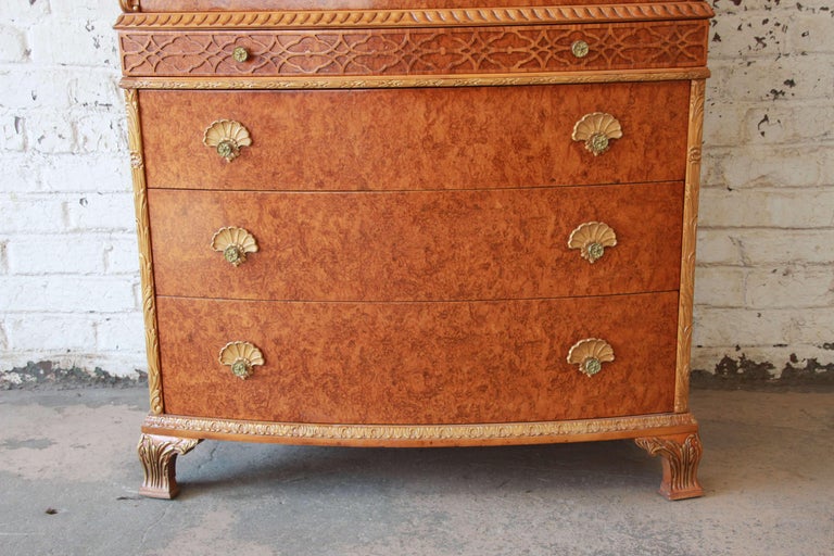 Antique Burled Maple French Carved Highboy Dresser by Romweber at 1stDibs