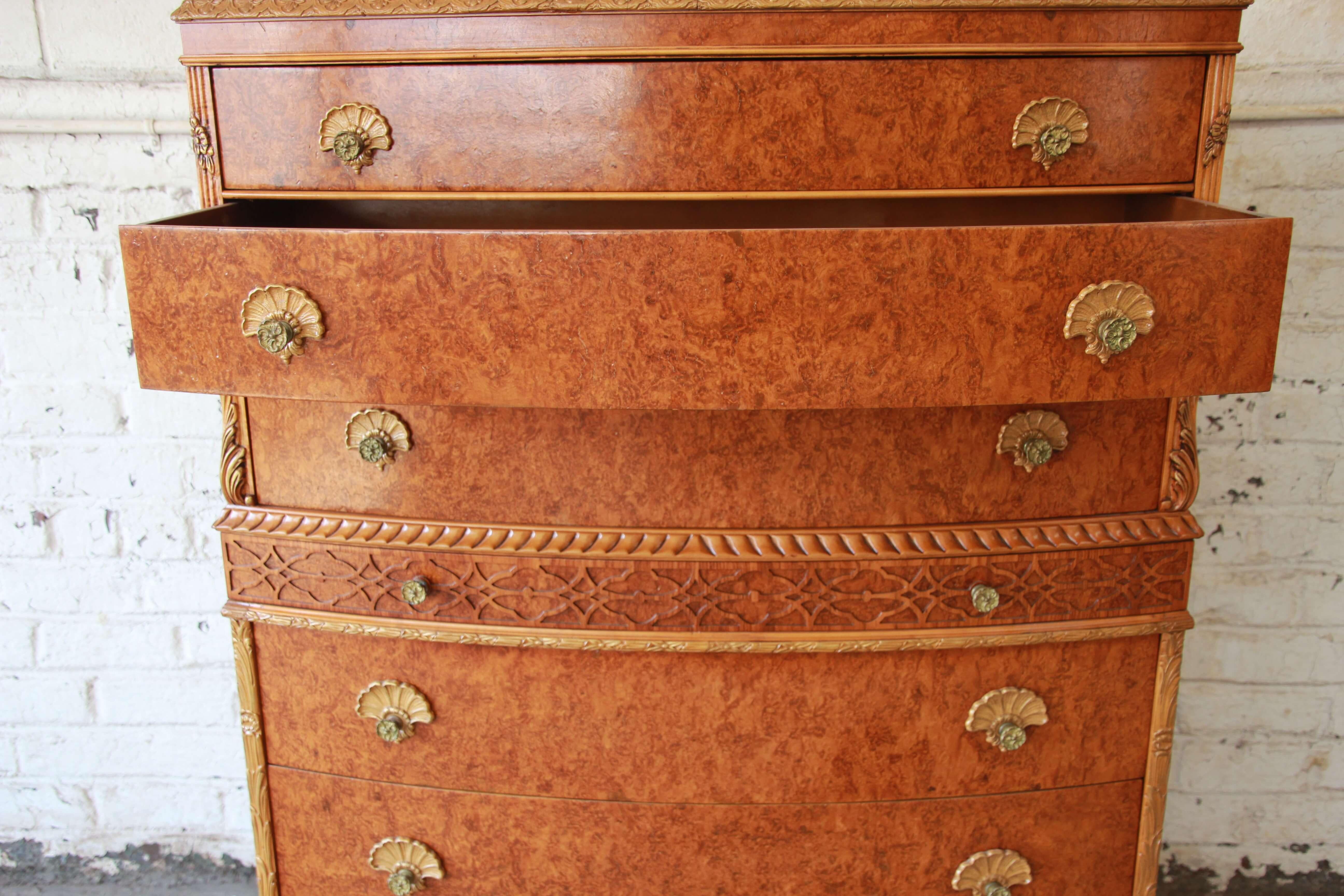 Mid-20th Century Antique Burled Maple French Carved Highboy Dresser by Romweber
