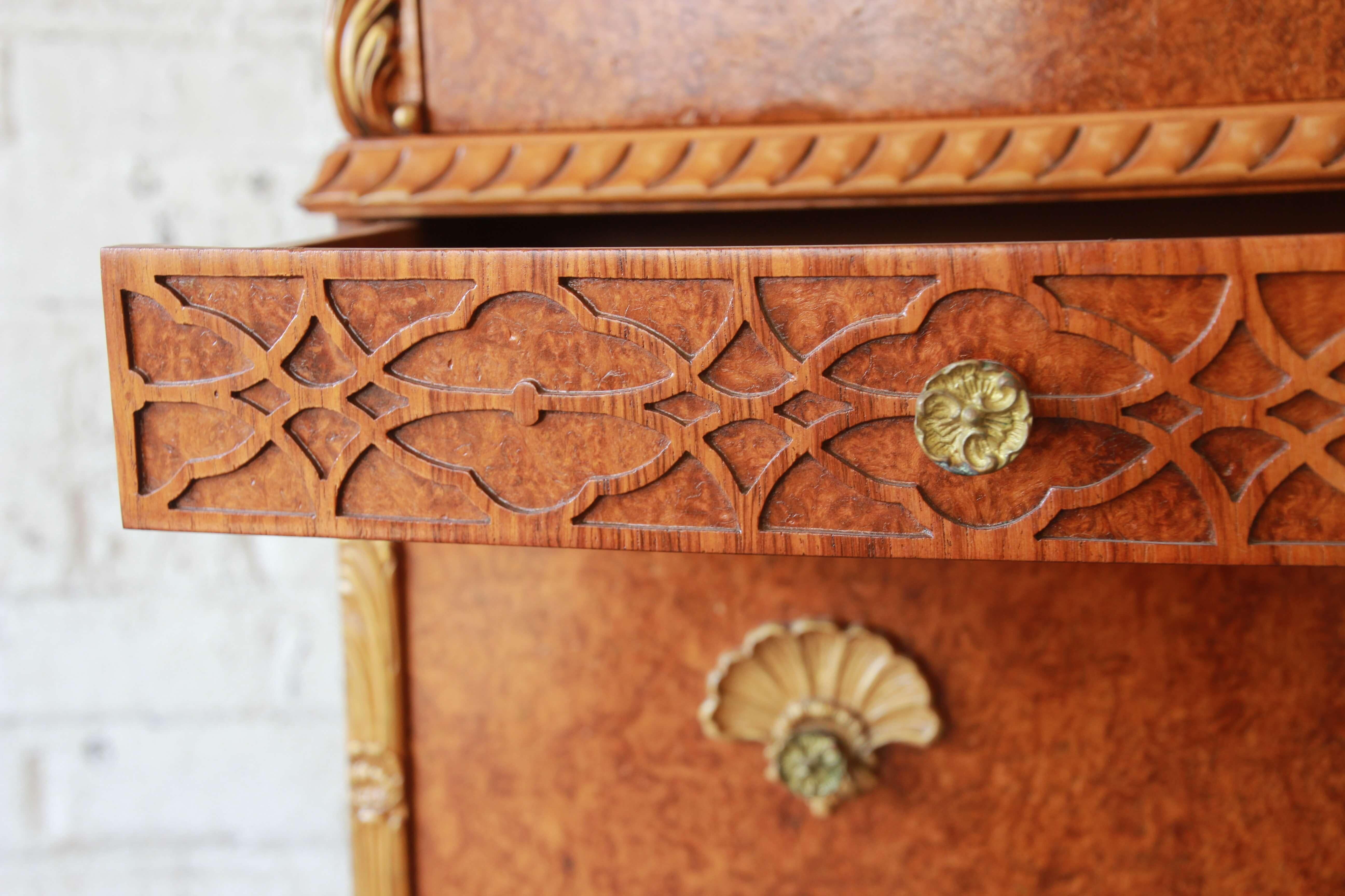 Antique Burled Maple French Carved Highboy Dresser by Romweber 1