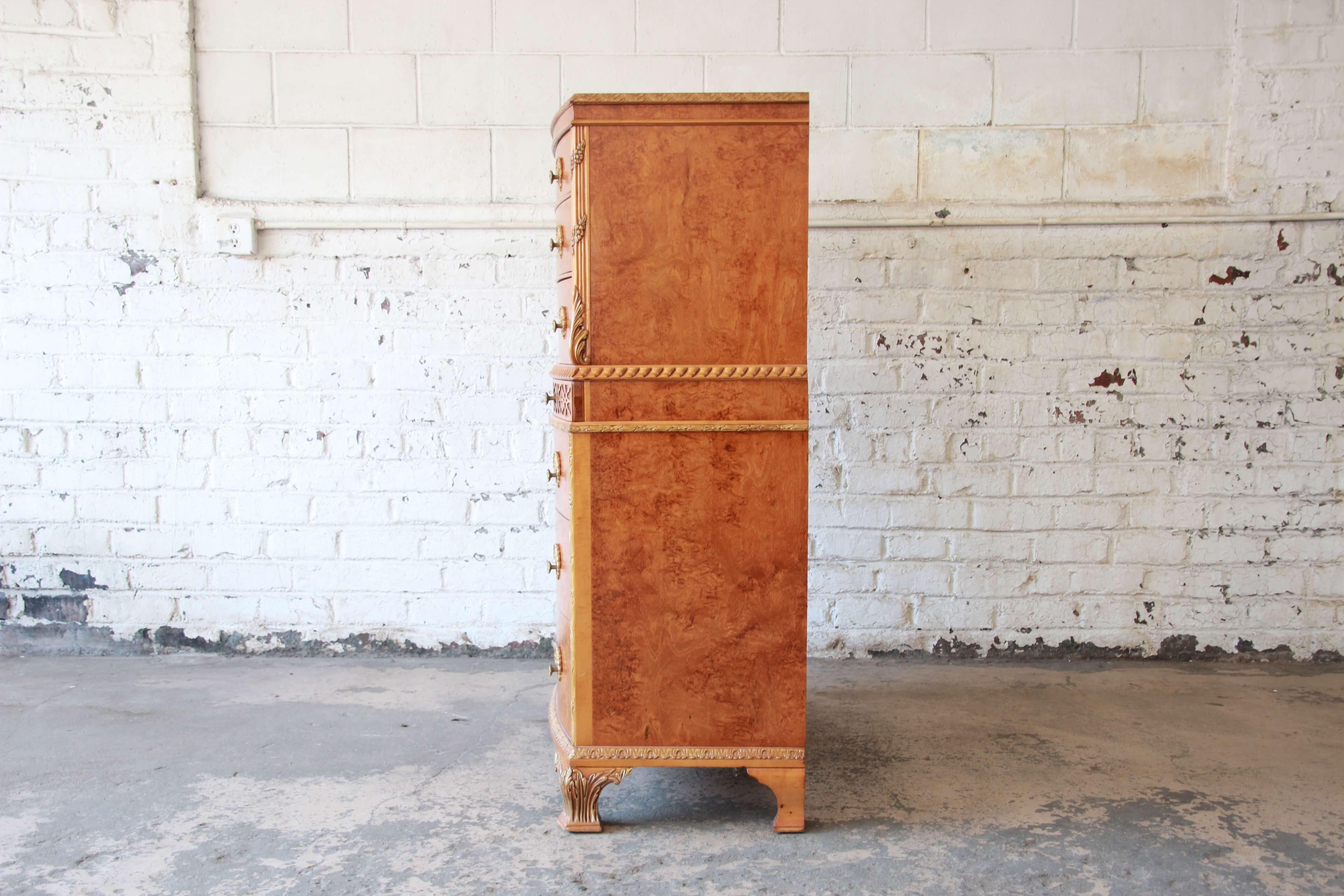 Antique Burled Maple French Carved Highboy Dresser by Romweber 2