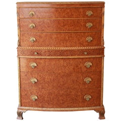 Used Burled Maple French Carved Highboy Dresser by Romweber