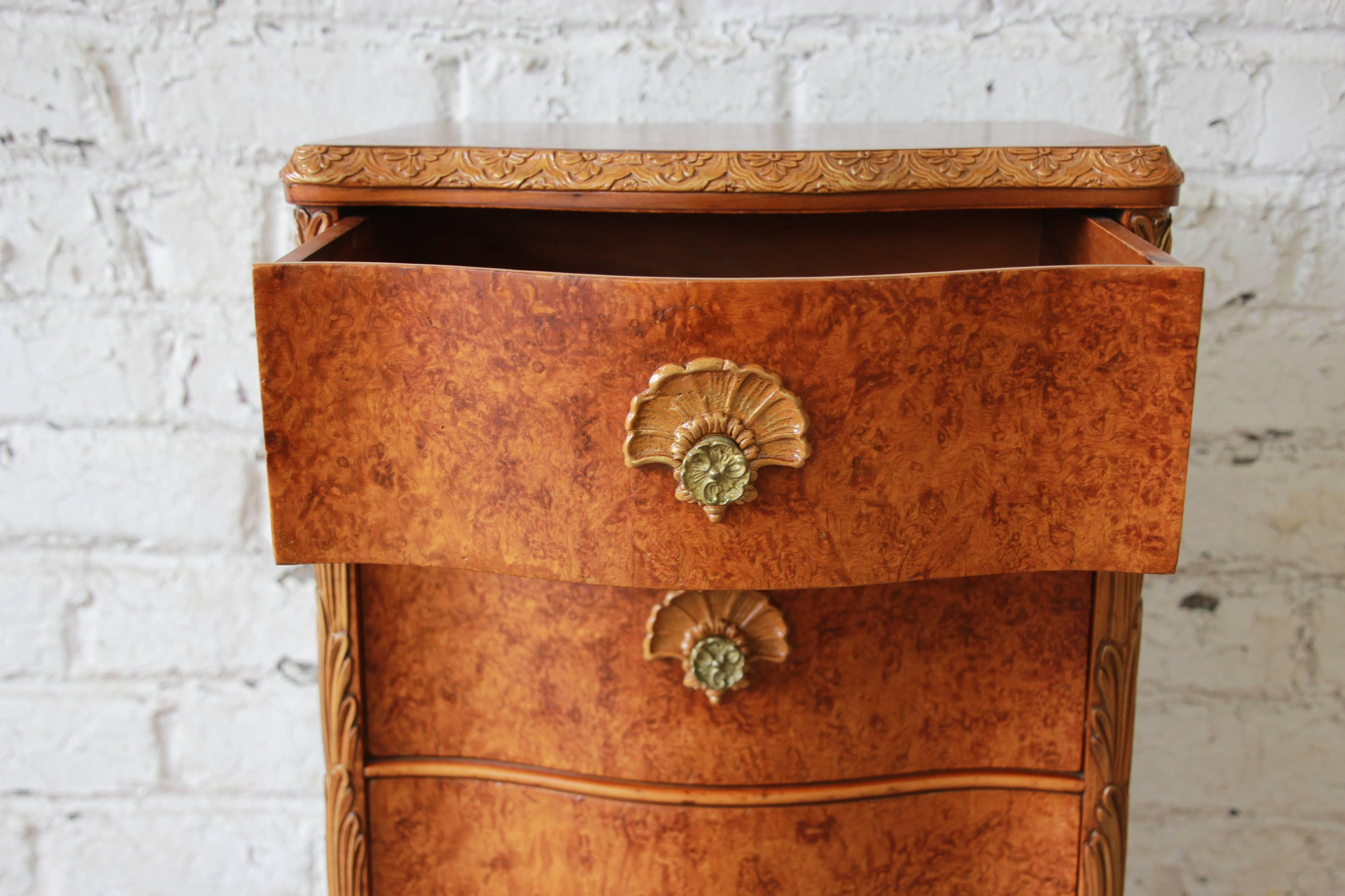 Antique Burled Maple French Carved Nightstand by Romweber In Good Condition In South Bend, IN