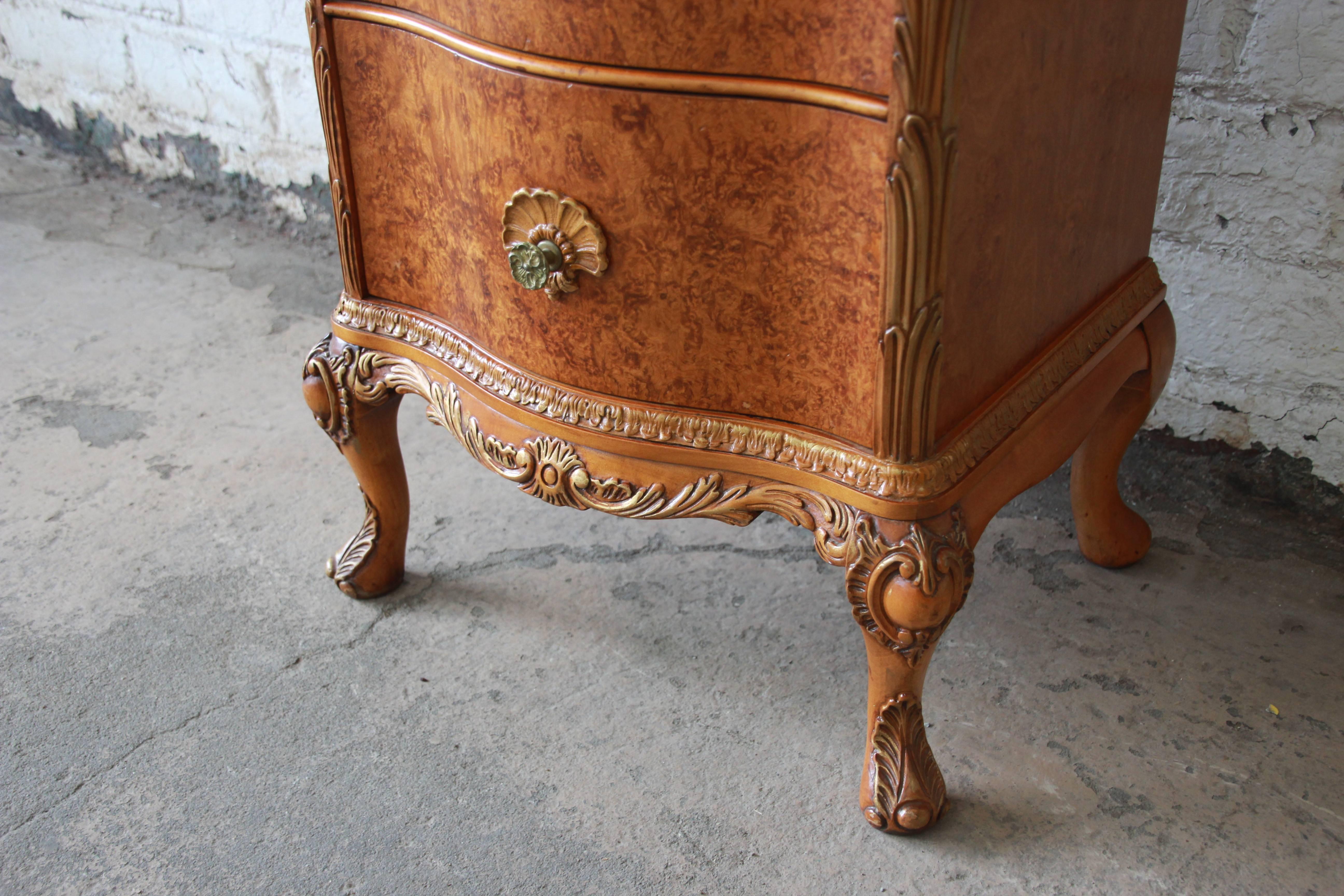Early 20th Century Antique Burled Maple French Carved Nightstand by Romweber