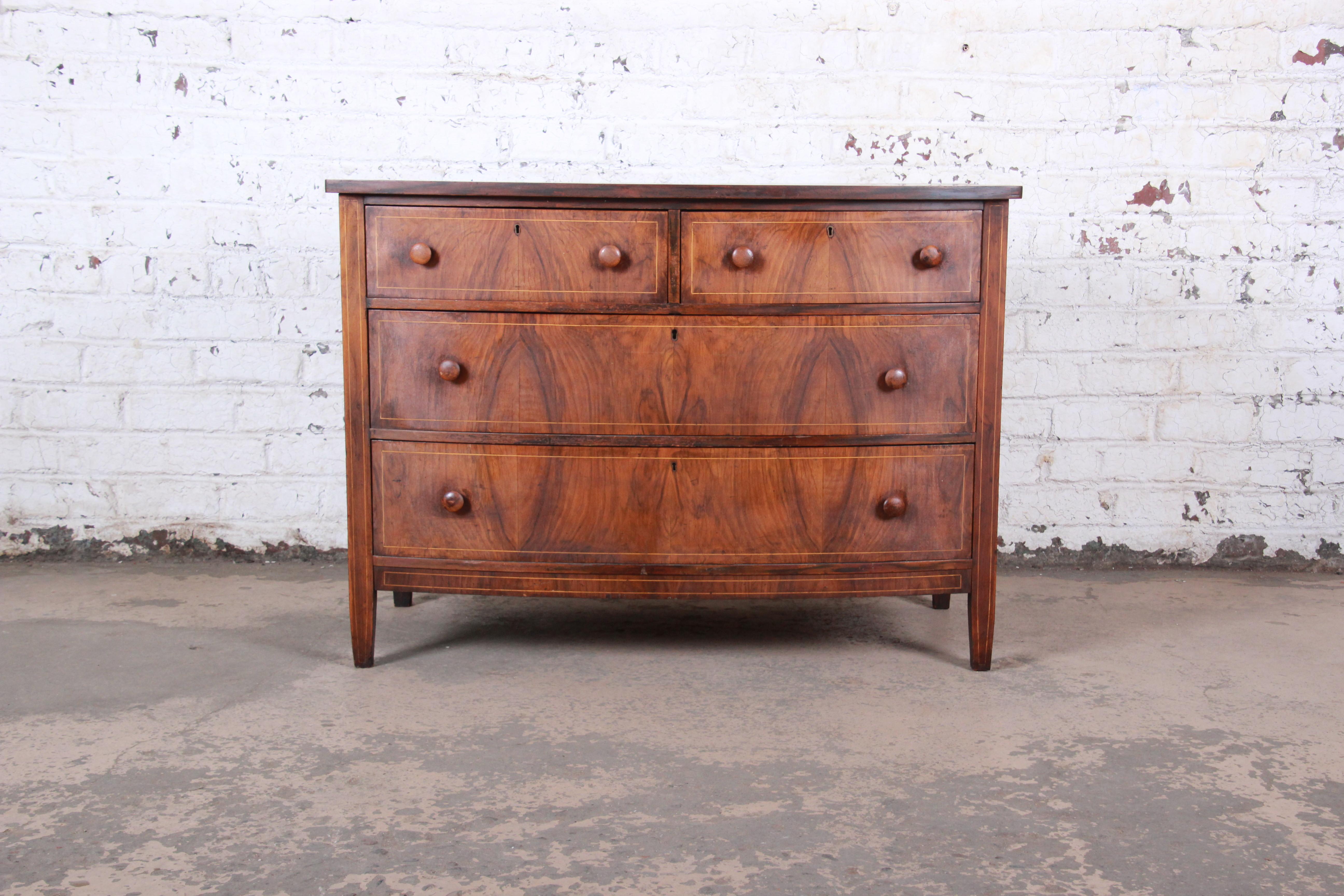 Antique Burled Walnut Bow Front Dresser with Mirror, circa 1900 1