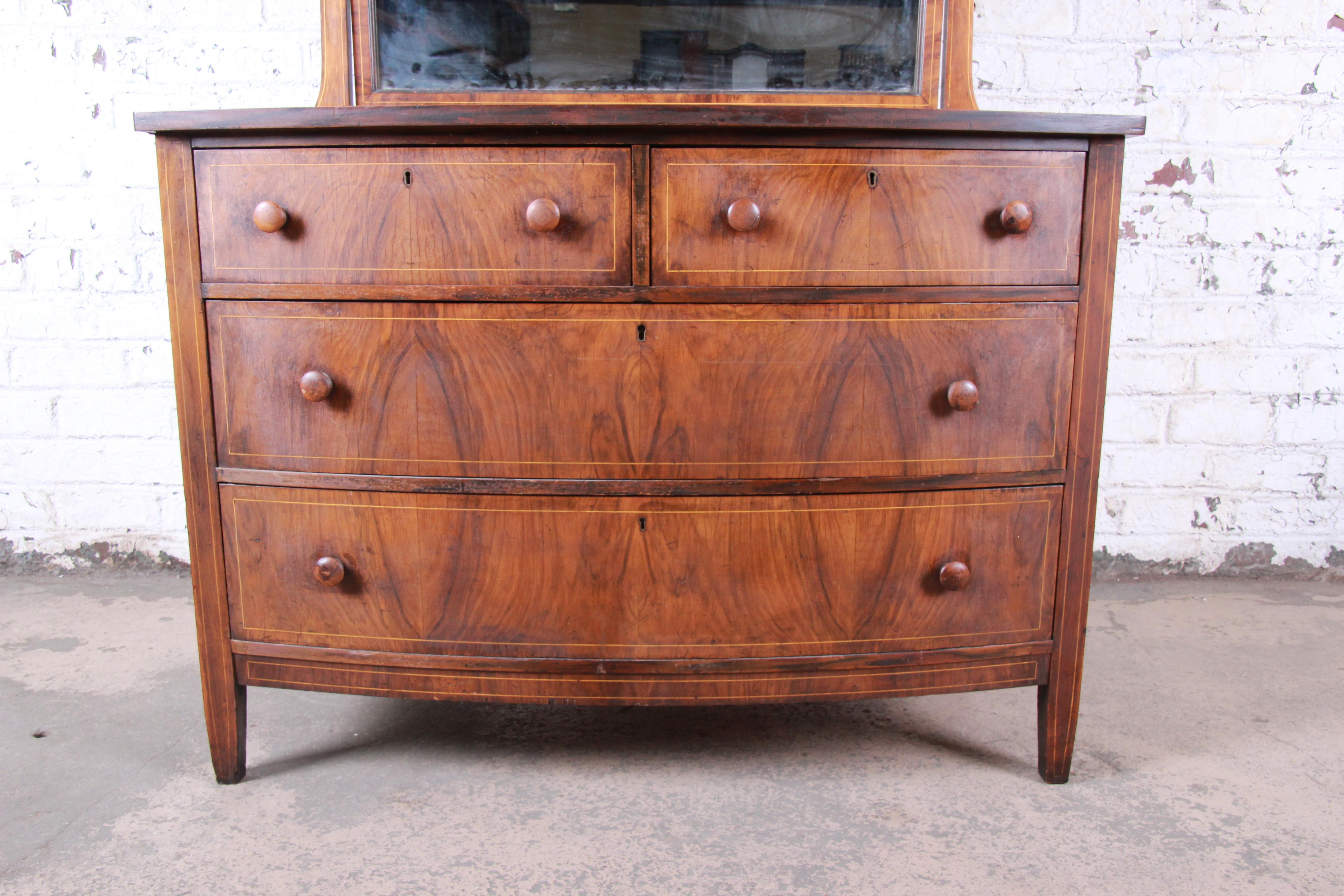American Classical Antique Burled Walnut Bow Front Dresser with Mirror, circa 1900