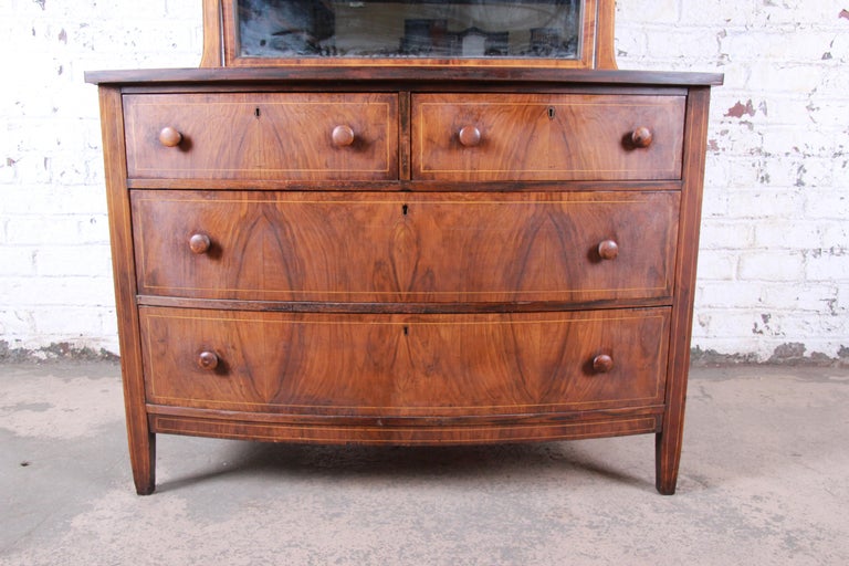 Antique Burled Walnut Bow Front Dresser with Mirror, circa 1900 at