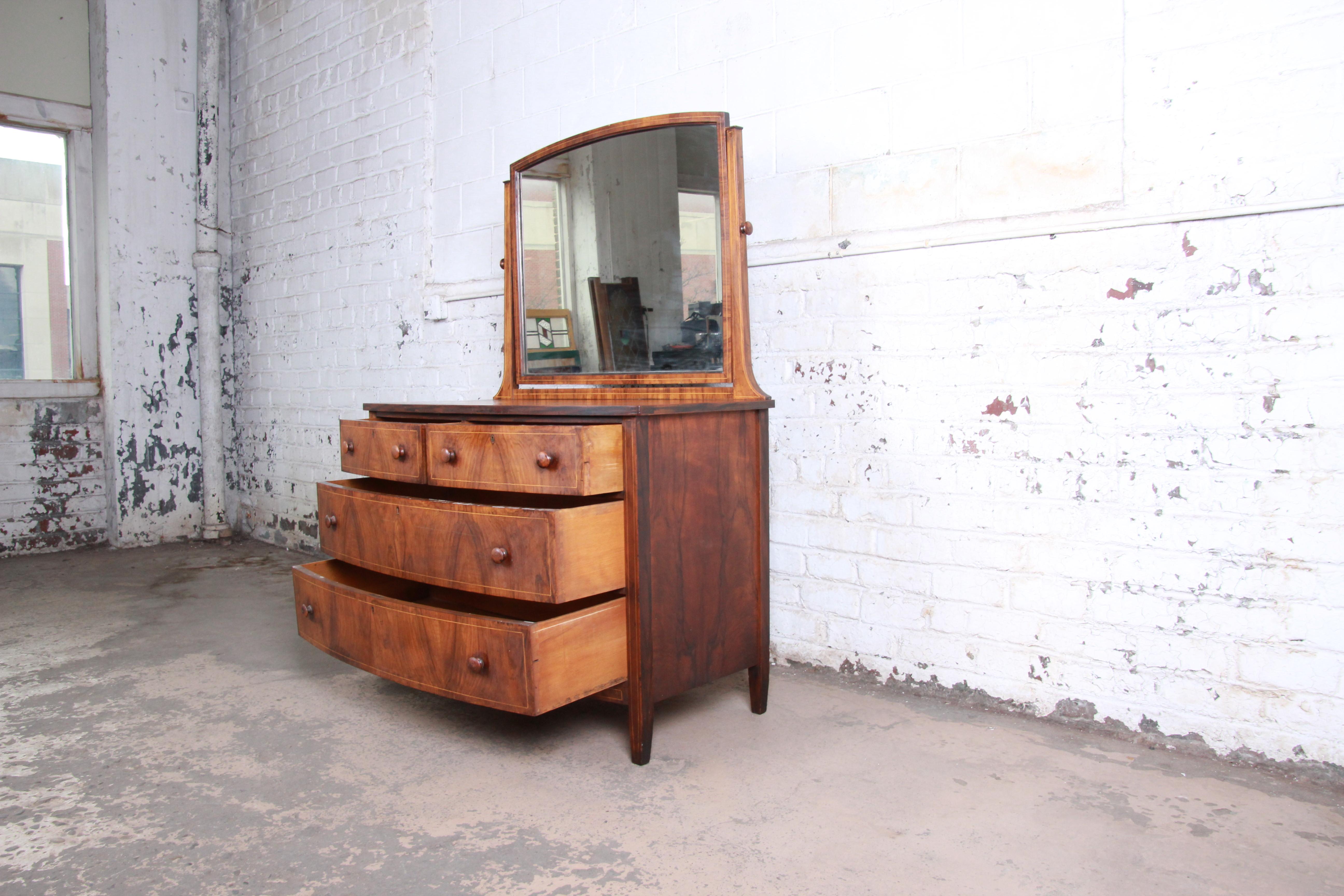 American Antique Burled Walnut Bow Front Dresser with Mirror, circa 1900