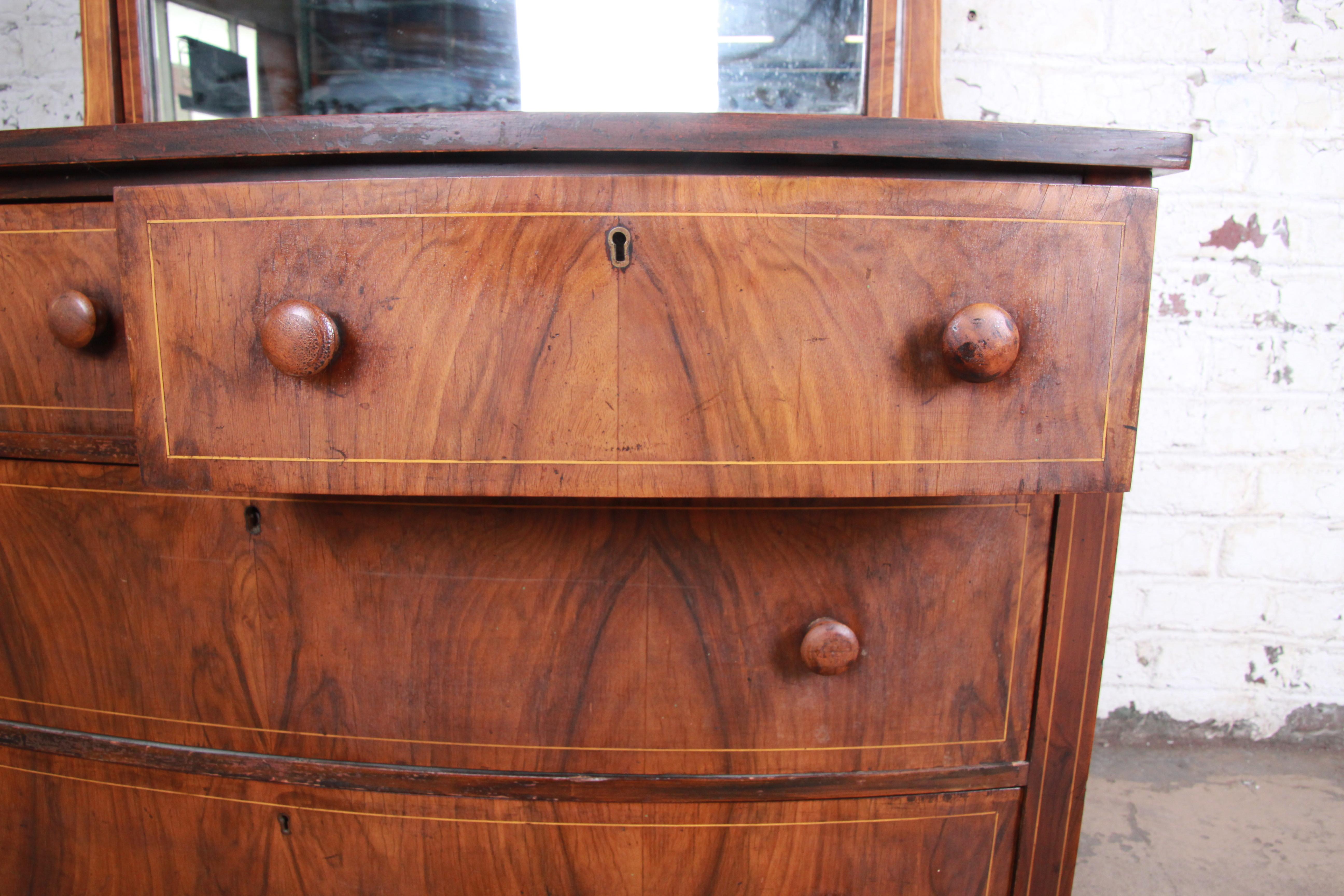 Antique Burled Walnut Bow Front Dresser with Mirror, circa 1900 In Good Condition In South Bend, IN