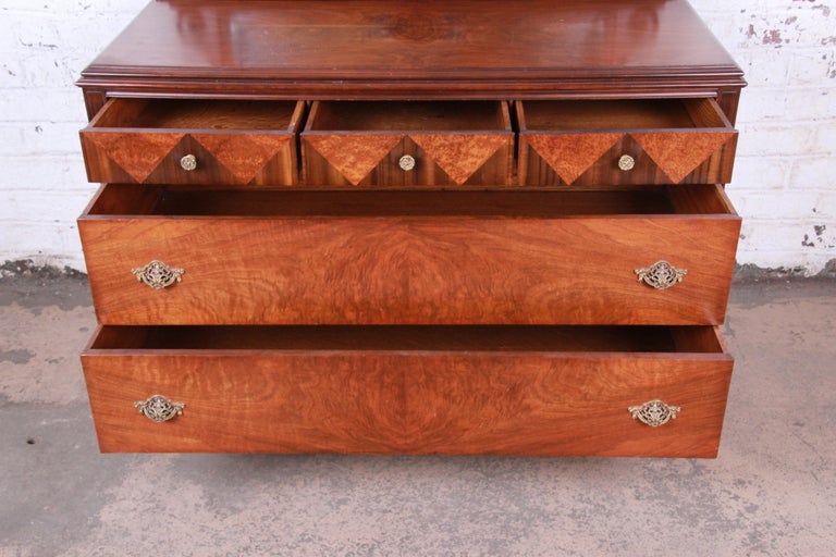 Antique Burled Walnut Dresser With Mirror Attributed To Baker