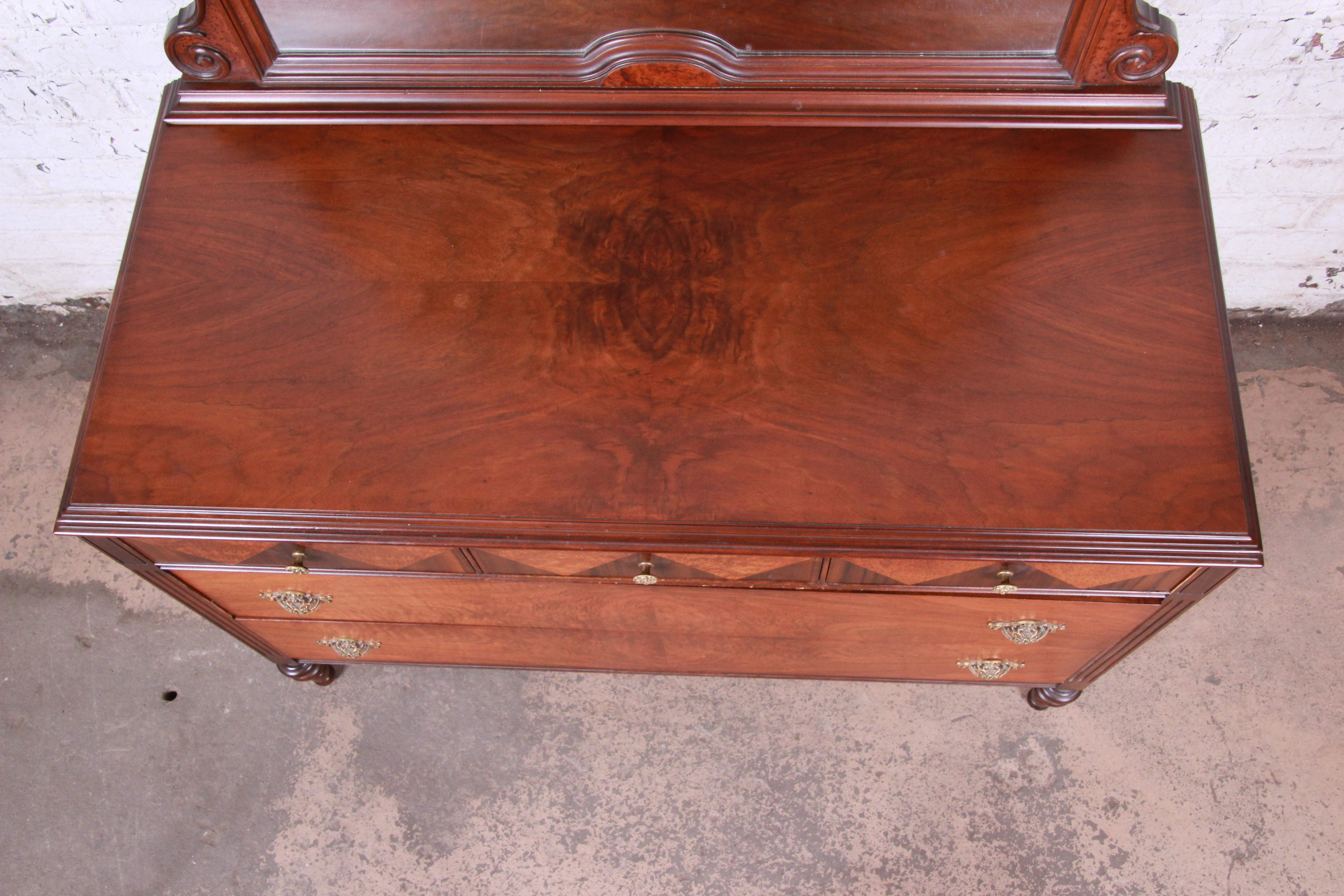 Antique Burled Walnut Dresser with Mirror Attributed to Baker Furniture, 1920s 2