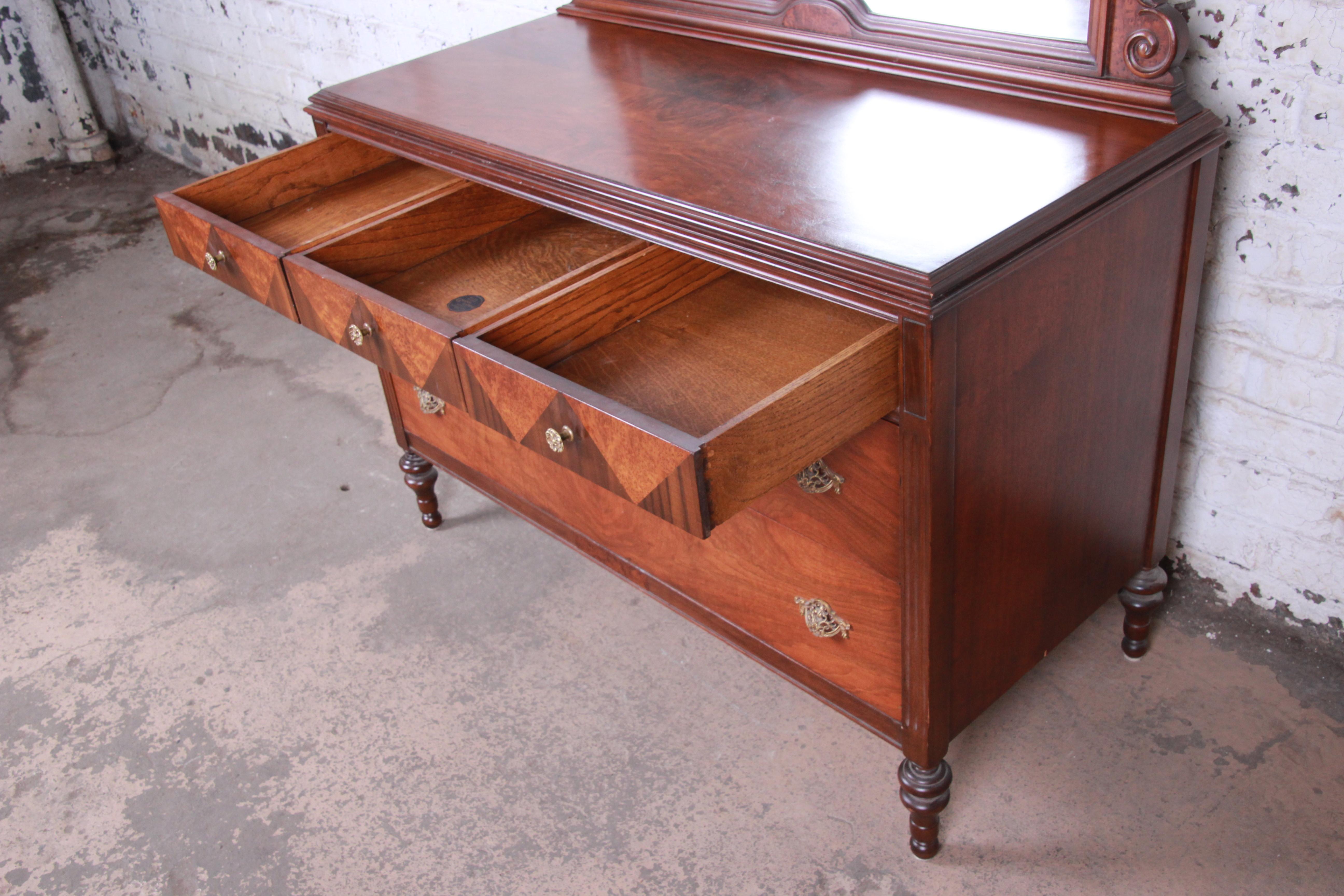 20th Century Antique Burled Walnut Dresser with Mirror Attributed to Baker Furniture, 1920s