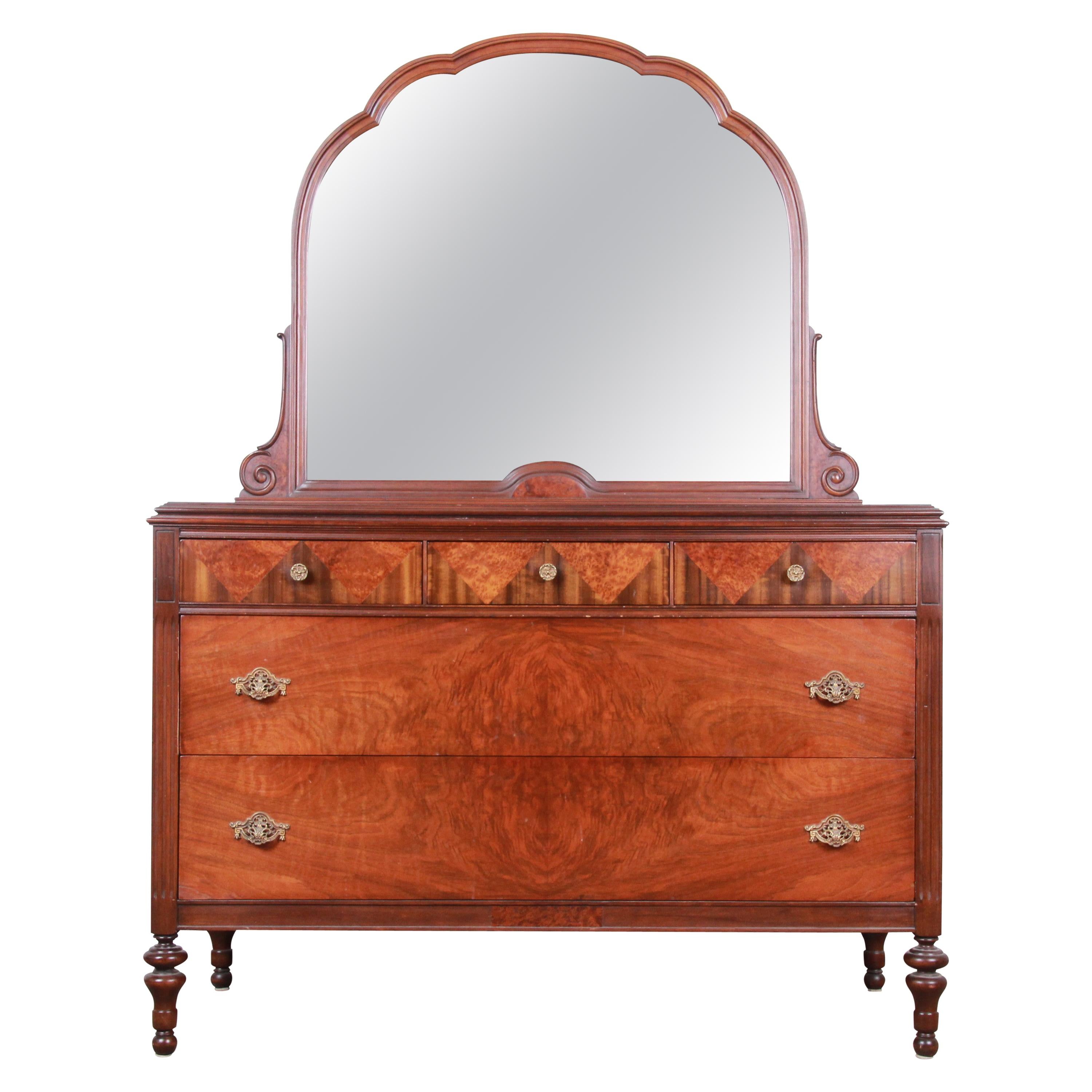 Antique Burled Walnut Dresser with Mirror Attributed to Baker Furniture, 1920s