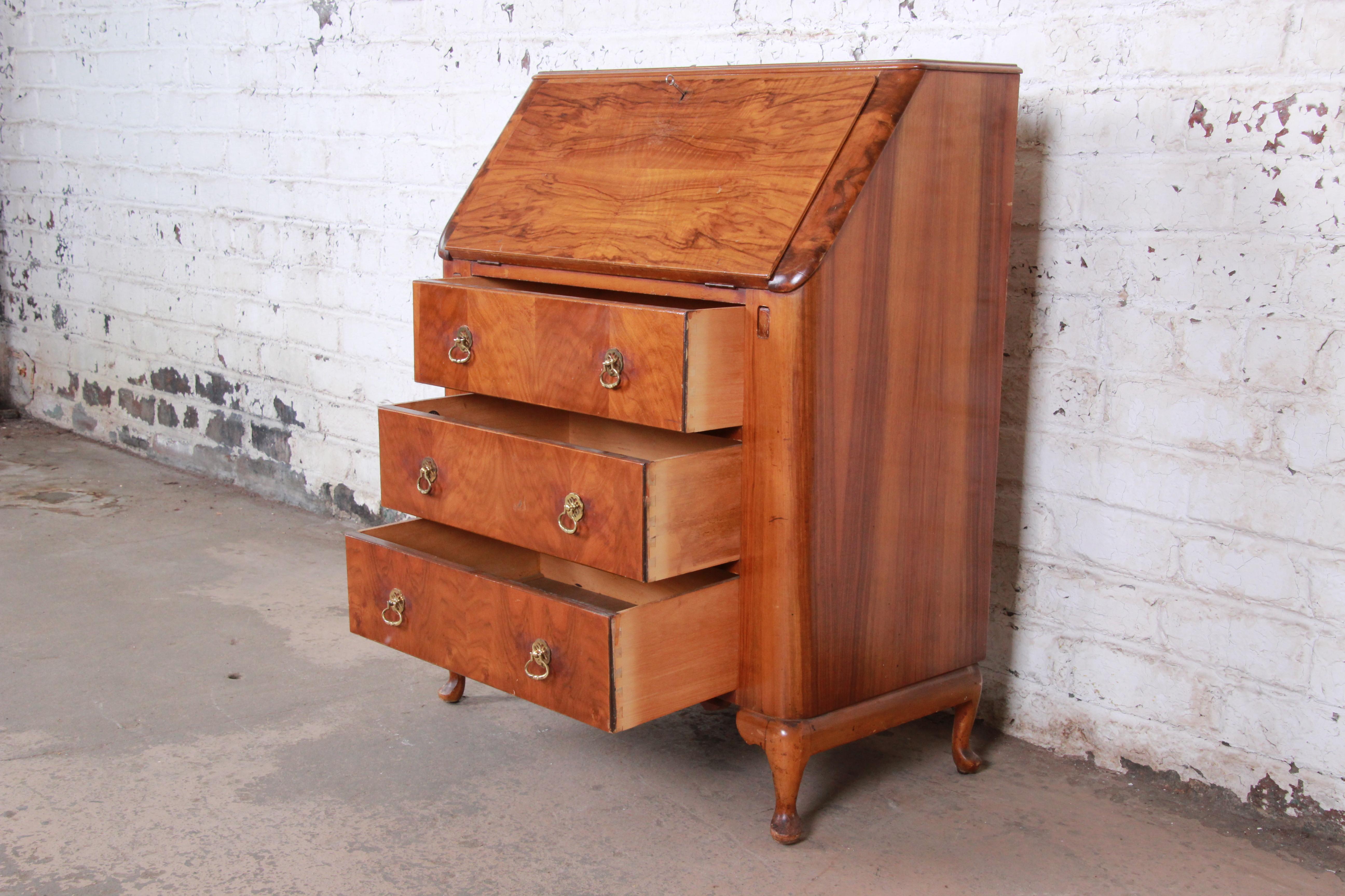 Antique Burled Walnut Drop Front Secretary Desk by Lebus In Good Condition In South Bend, IN