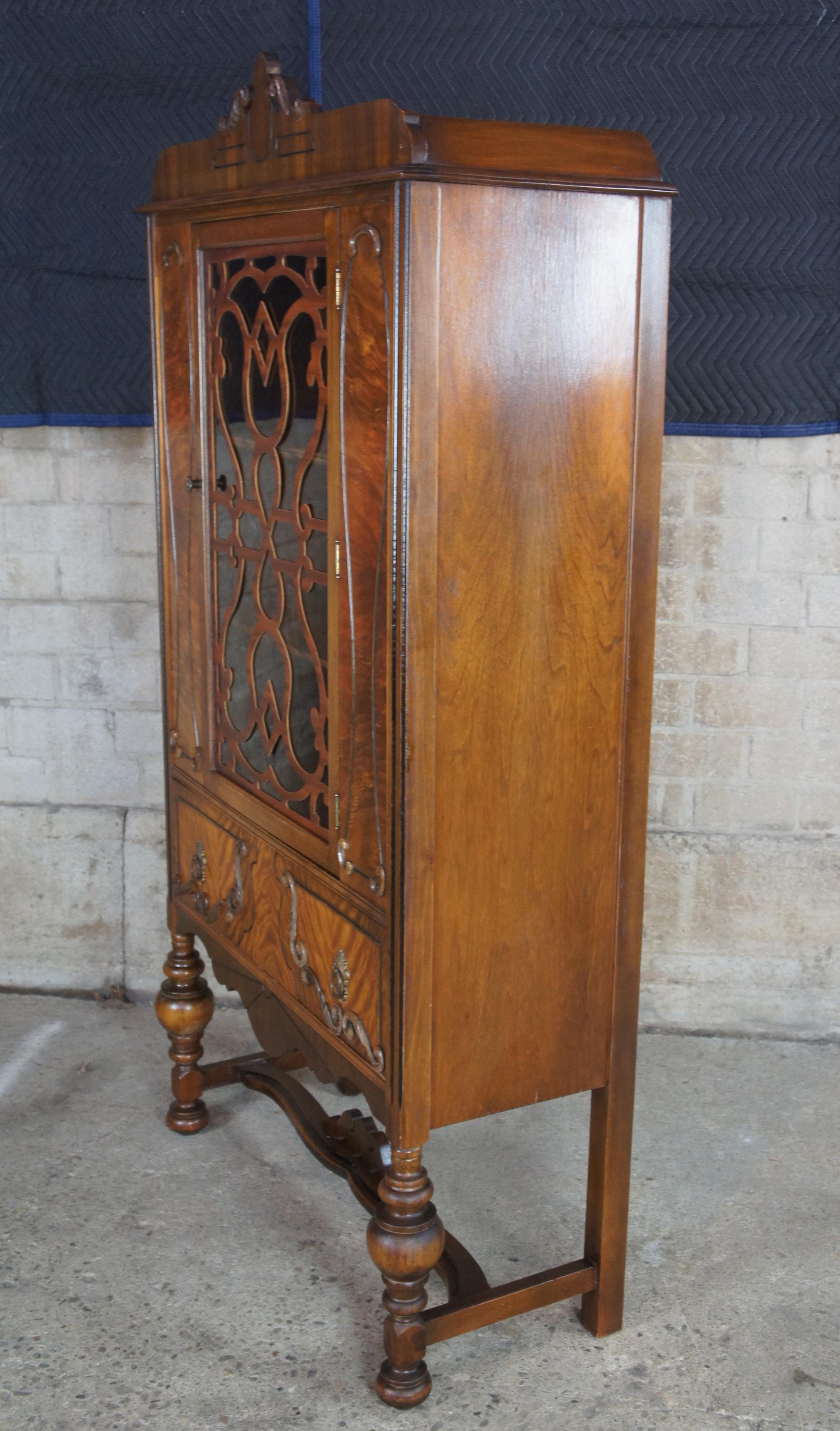 Antique Burled Walnut Jacobean Style China Hutch Curio Display Cabinet Cupboard 3