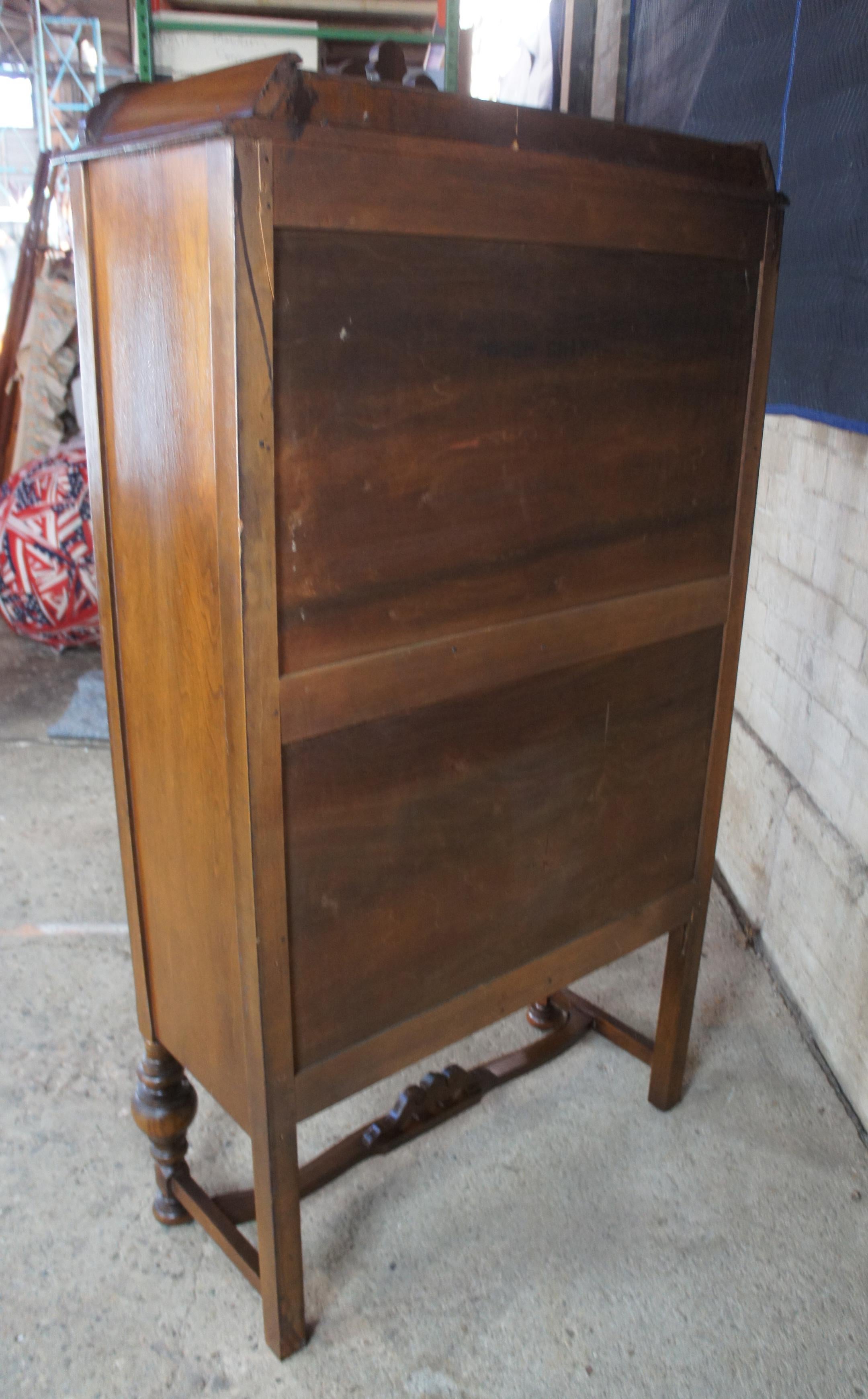 Antique Burled Walnut Jacobean Style China Hutch Curio Display Cabinet Cupboard 4