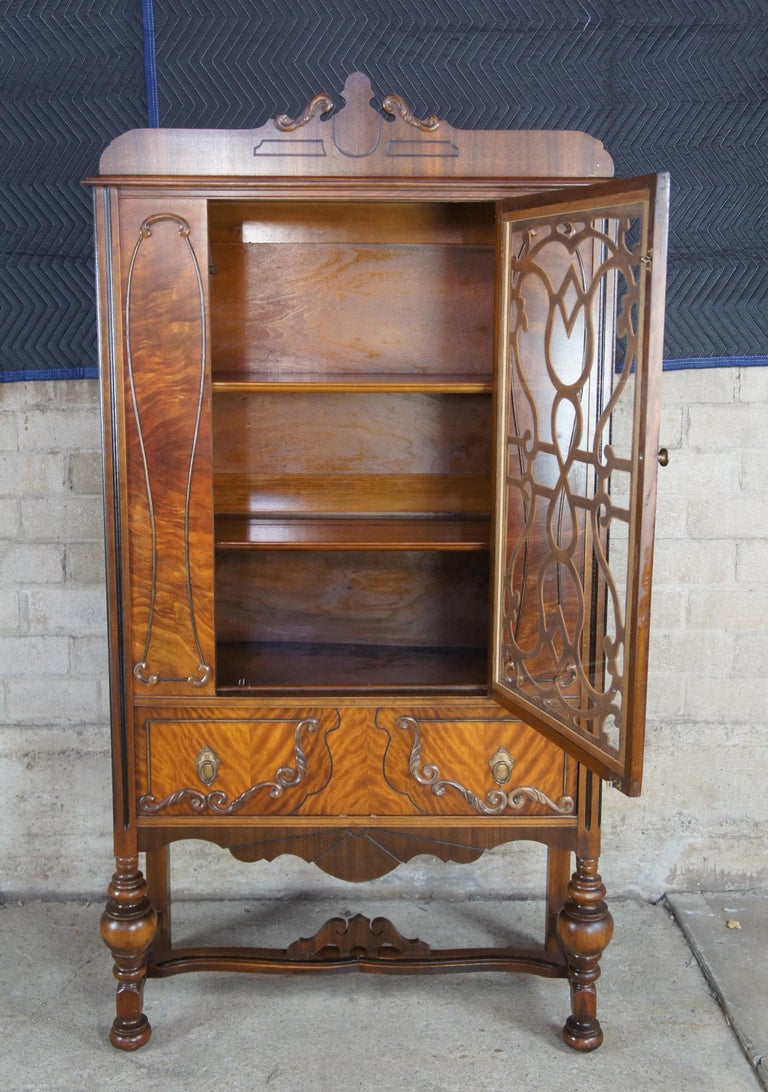 Antique Burled Walnut Jacobean Style China Hutch Curio Display
